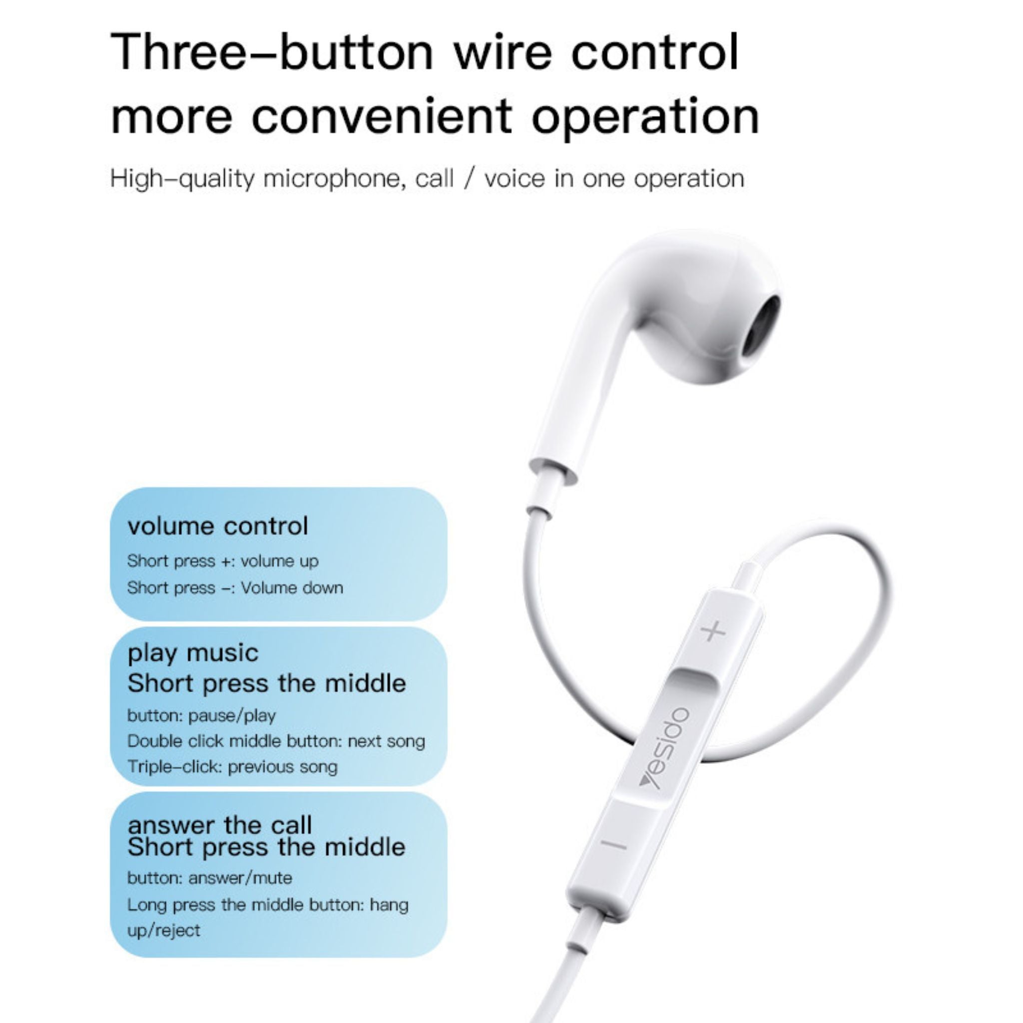 Yesido YH37 Original 3.5mm In Ear Earphone | 3D Stereo Sound Strong Bass Mobile Phone Wired Earbuds