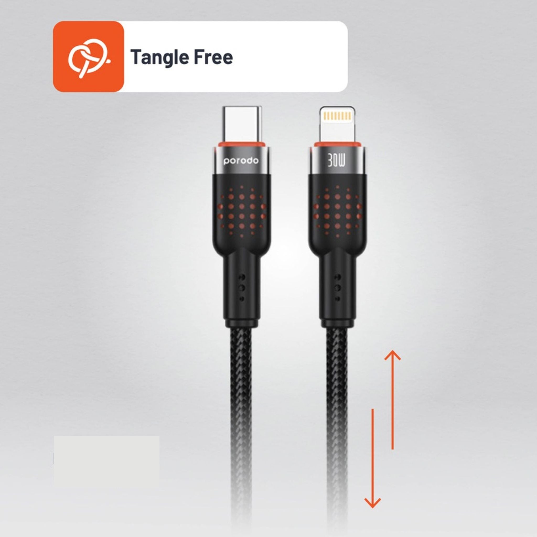 Porodo Braided Type-C to Lightning Cable with 30W Power Delivery, 1.2m Cable Length, 480Mbps Transfer Speed, More than 15,000 Bends Lifespan, Tangle-Free Design - Black