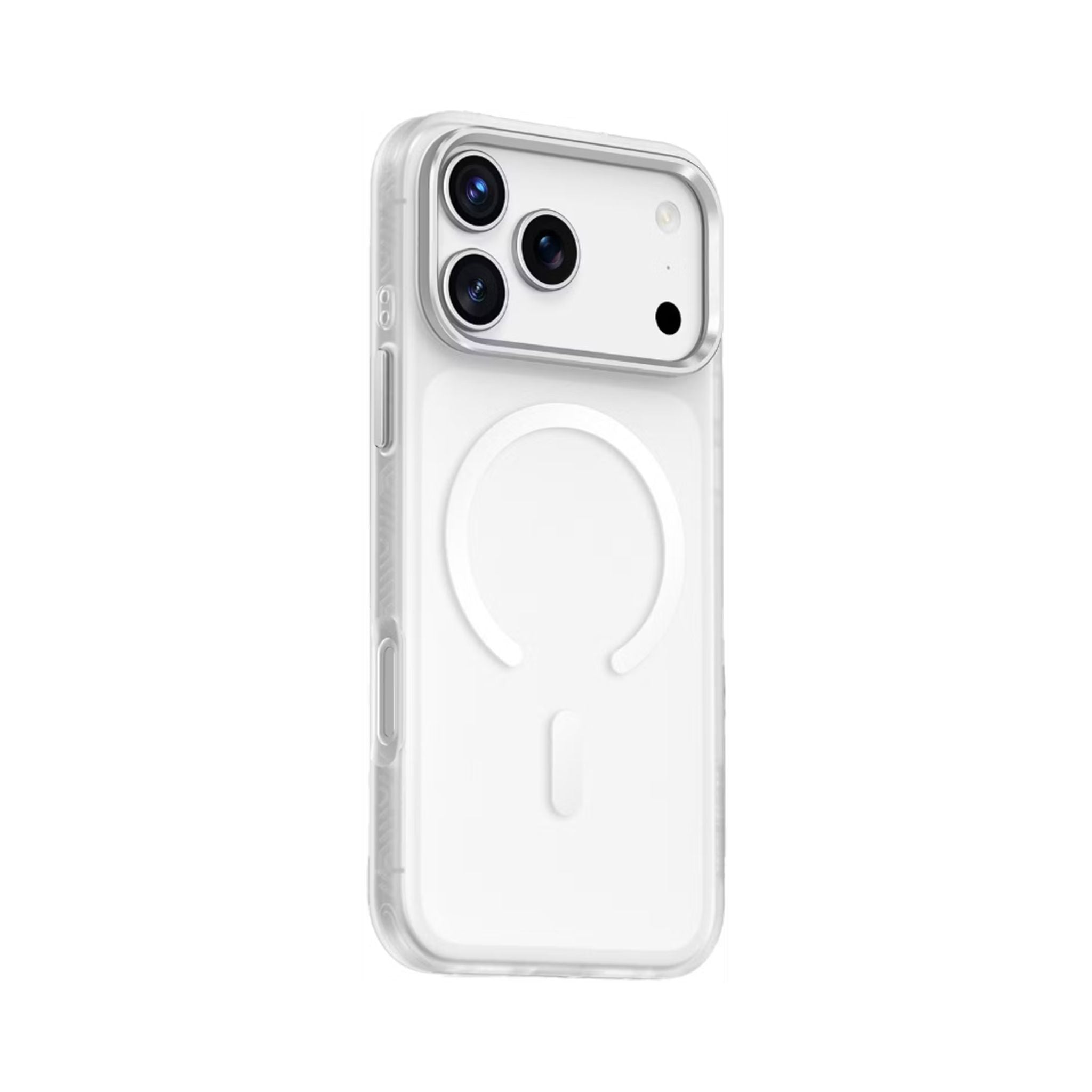 Clear phone case with MagSafe design on a white background
