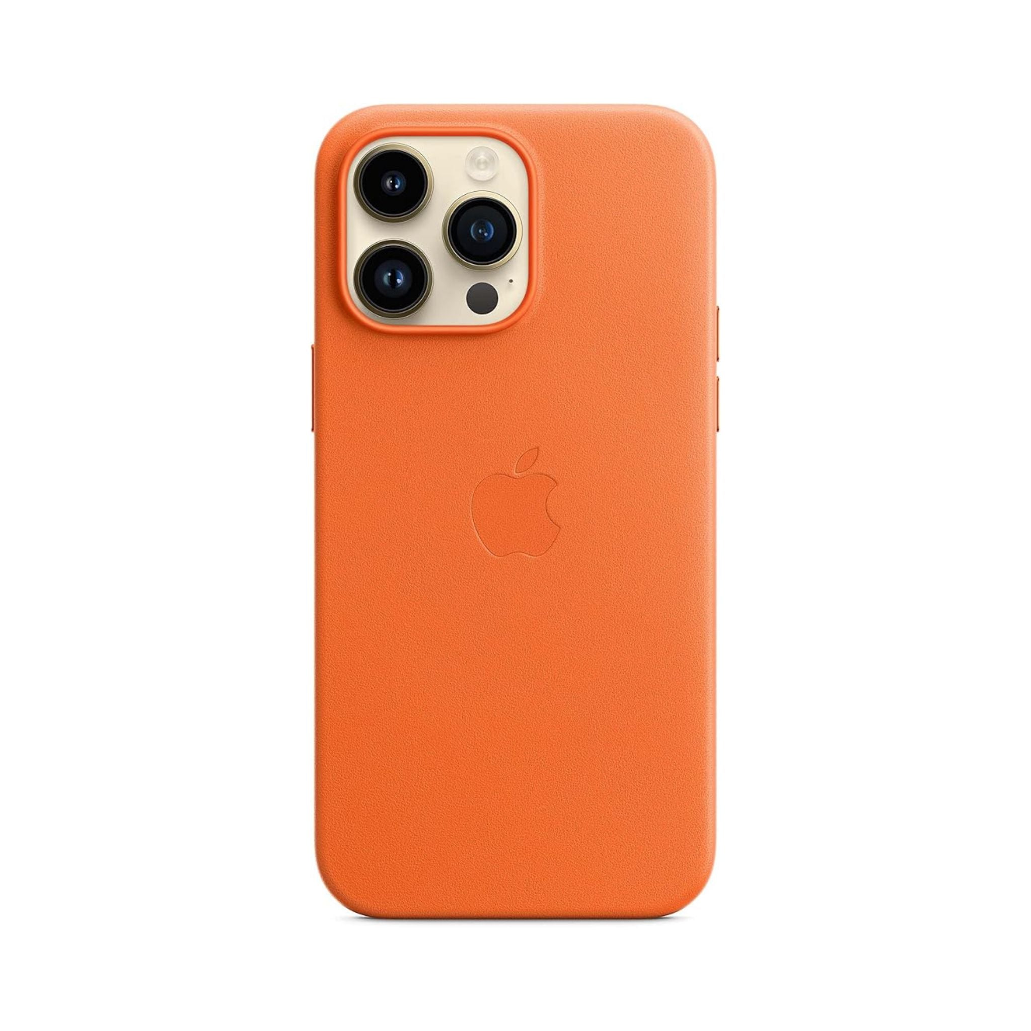 An orange leather case for the Apple iPhone 14 Pro Max, featuring a clear plastic back and a MagSafe attachment point.