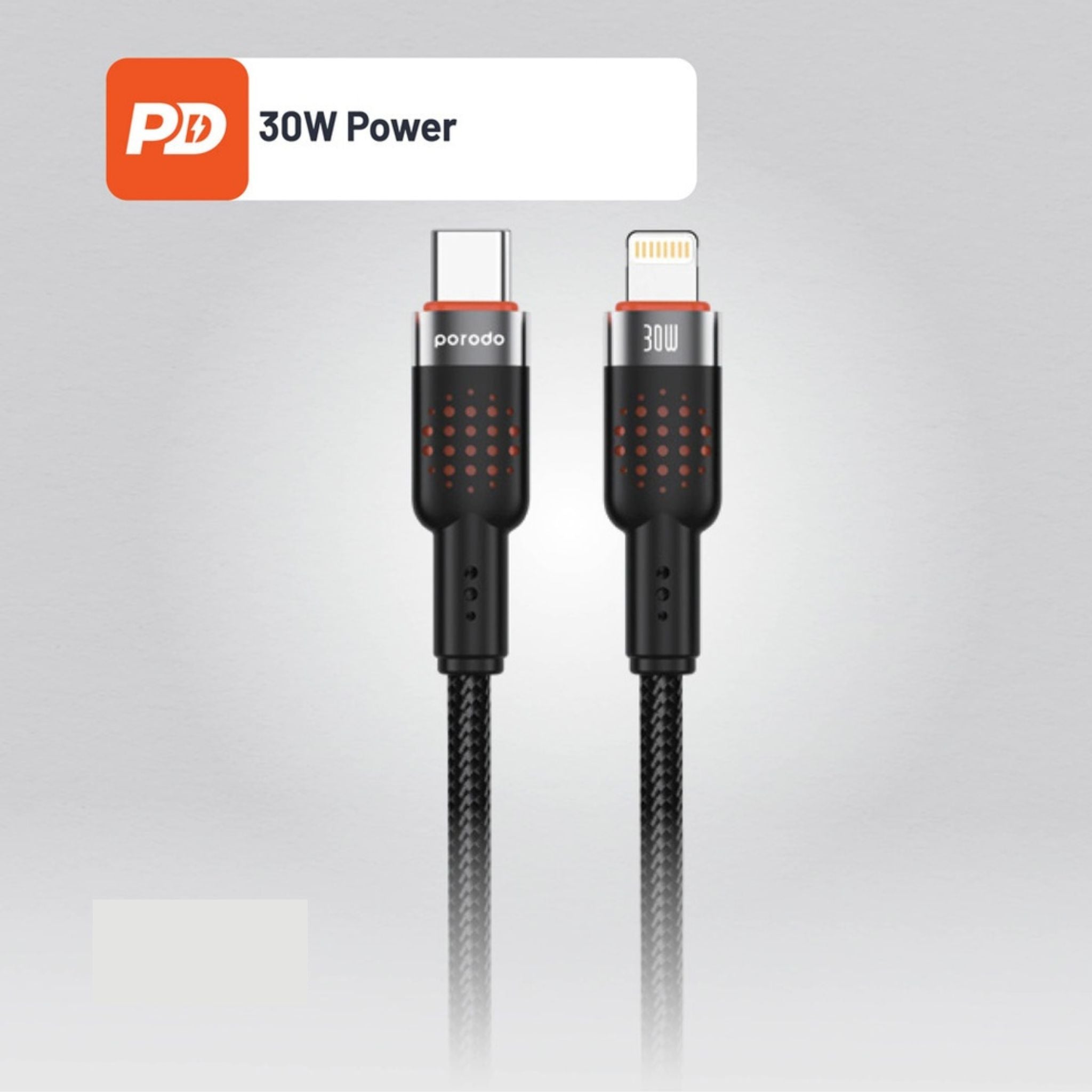Porodo Braided Type-C to Lightning Cable with 30W Power Delivery, 1.2m Cable Length, 480Mbps Transfer Speed, More than 15,000 Bends Lifespan, Tangle-Free Design - Black
