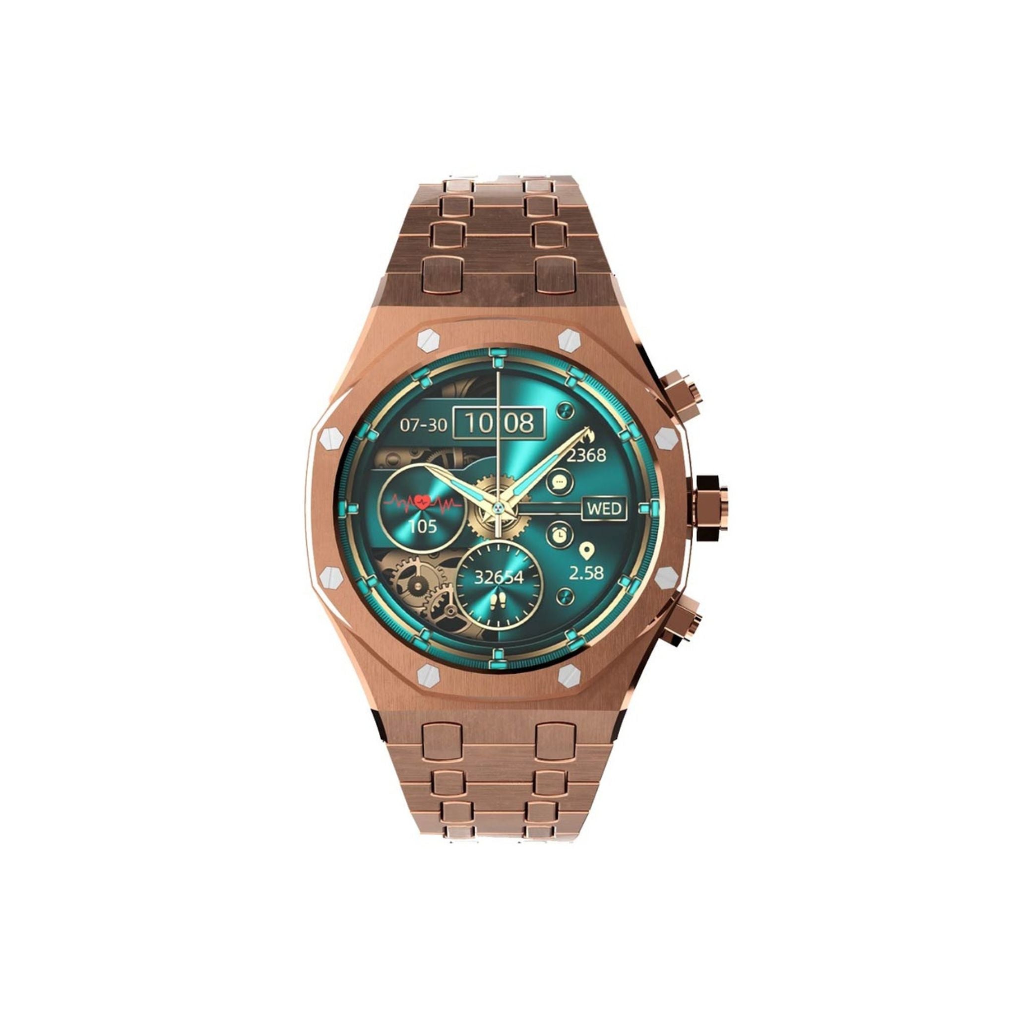 A rose gold Porodo Cristallo AP smart watch with a crystal dial and a metal band.