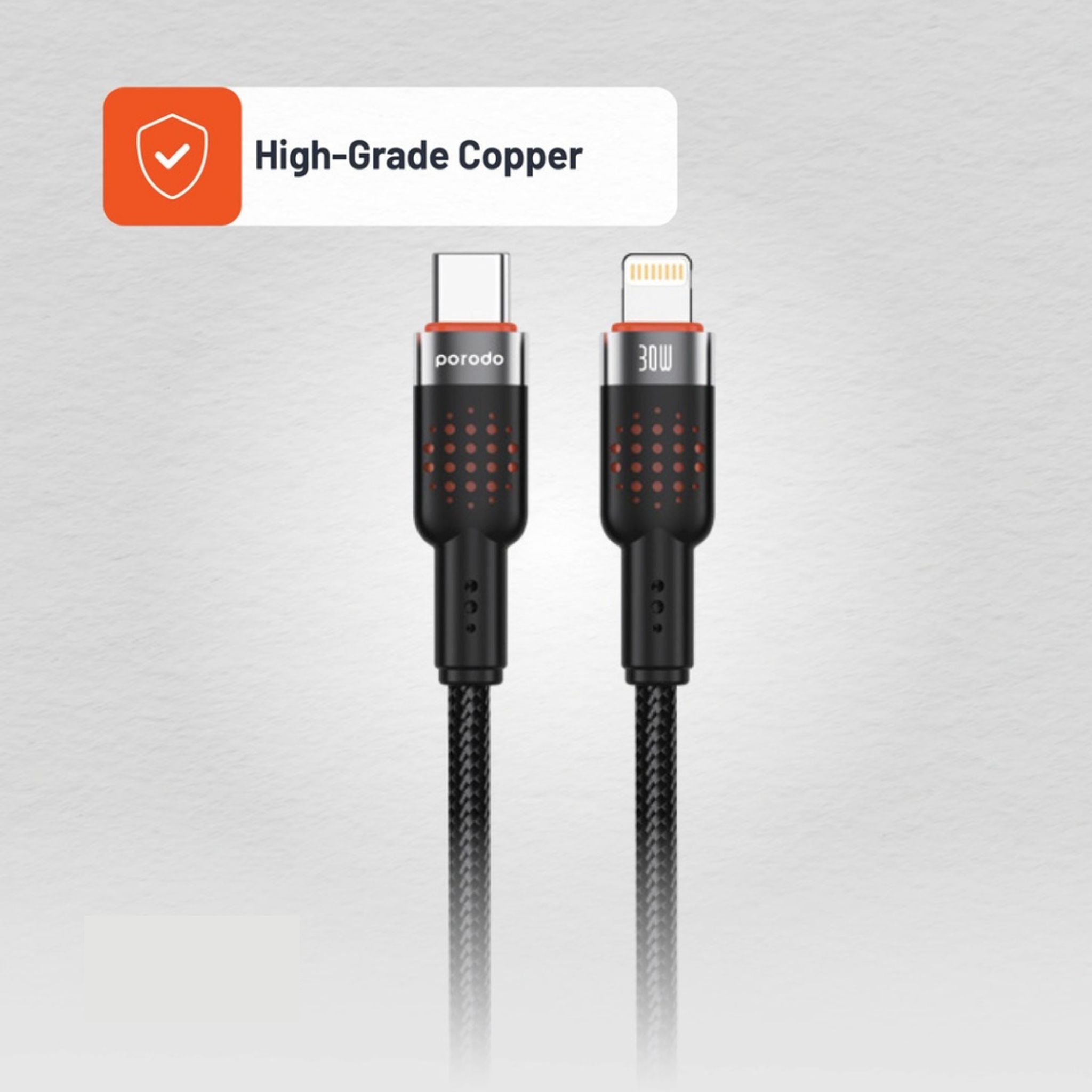 Porodo Braided Type-C to Lightning Cable with 30W Power Delivery, 1.2m Cable Length, 480Mbps Transfer Speed, More than 15,000 Bends Lifespan, Tangle-Free Design - Black