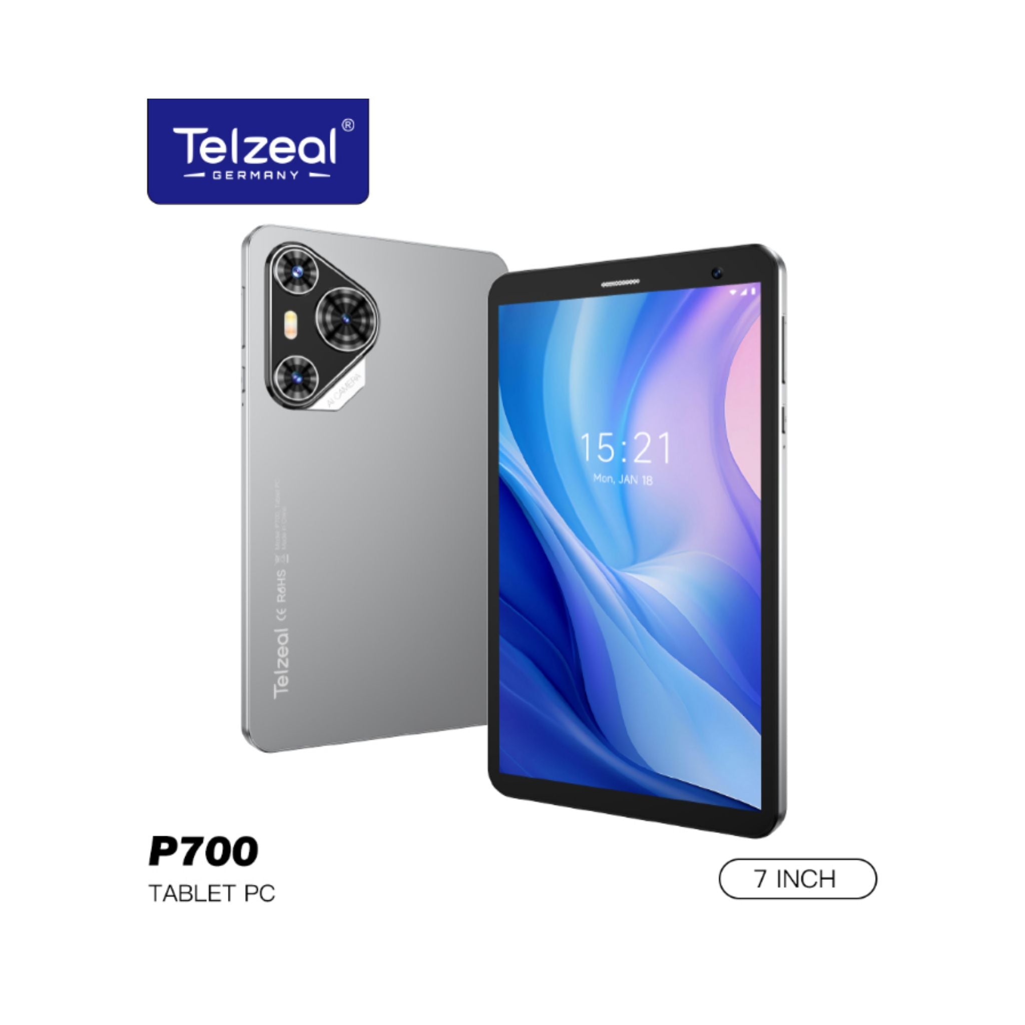7-inch tablet PC with Telzeal branding on a white background