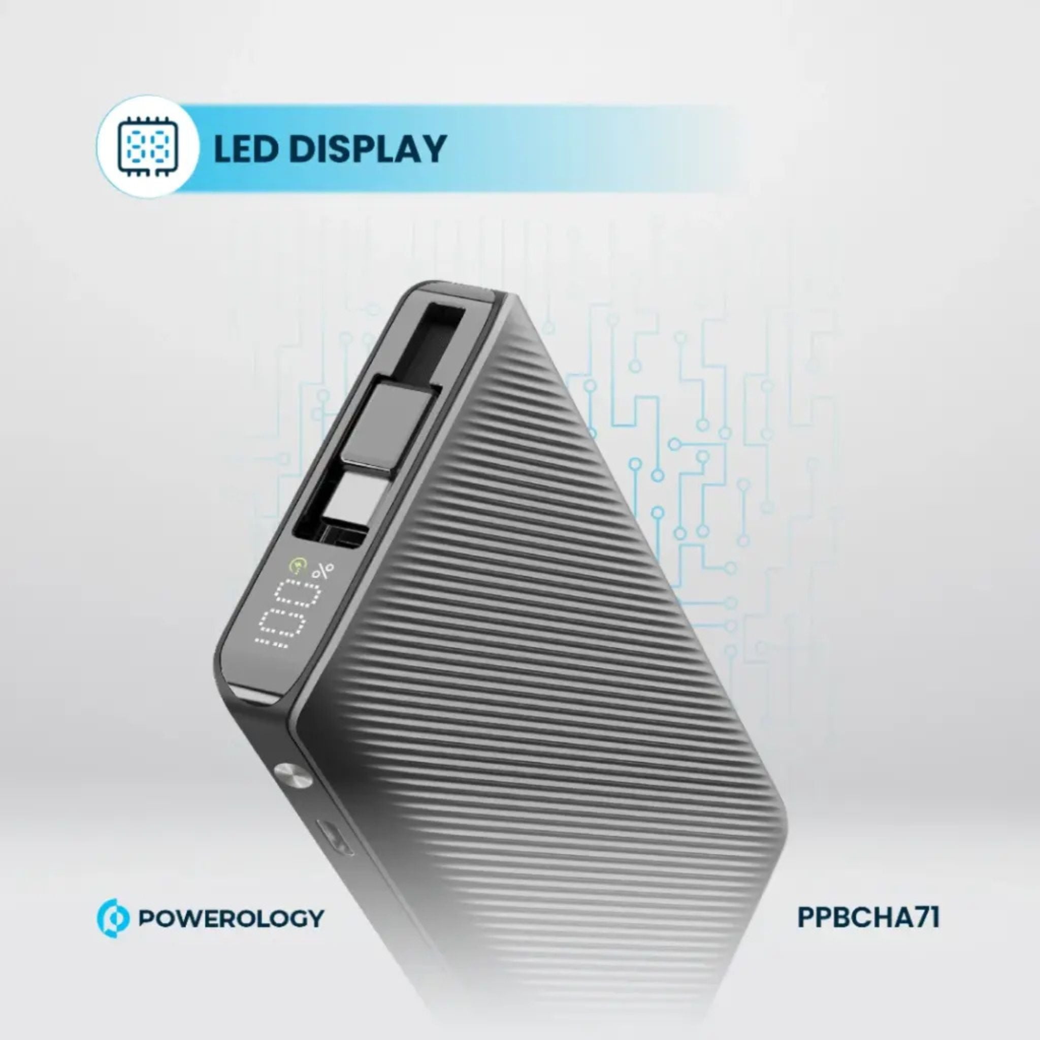 Powerology 10000mAh Power Bank with 70cm Retractable Type-C Cable, LED Display, Lightweight & Portable Design, Fast-Charging, USB-C Input & Output, 2-Device Charging, Patented Design, 22W Power Delivery - Black