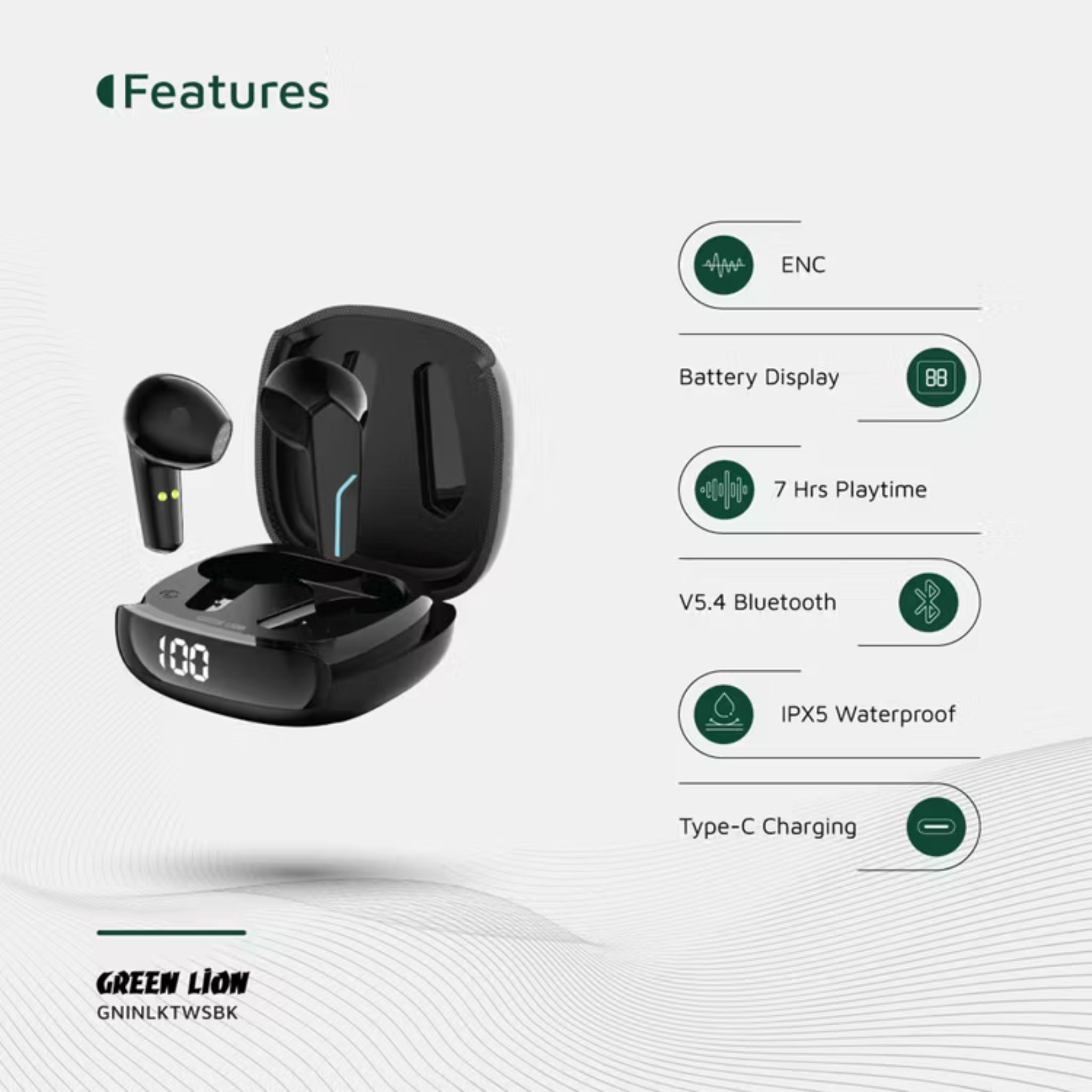 Green Lion Interlaken True Wireless Earbuds with Built-in Dual Microphones, 7 Hours Play Time, 13mm Speaker Size, 300mAh Case & 40mAh Earbuds Battery, 180 Hours Standby Time, Battery Display, Breathing Lights