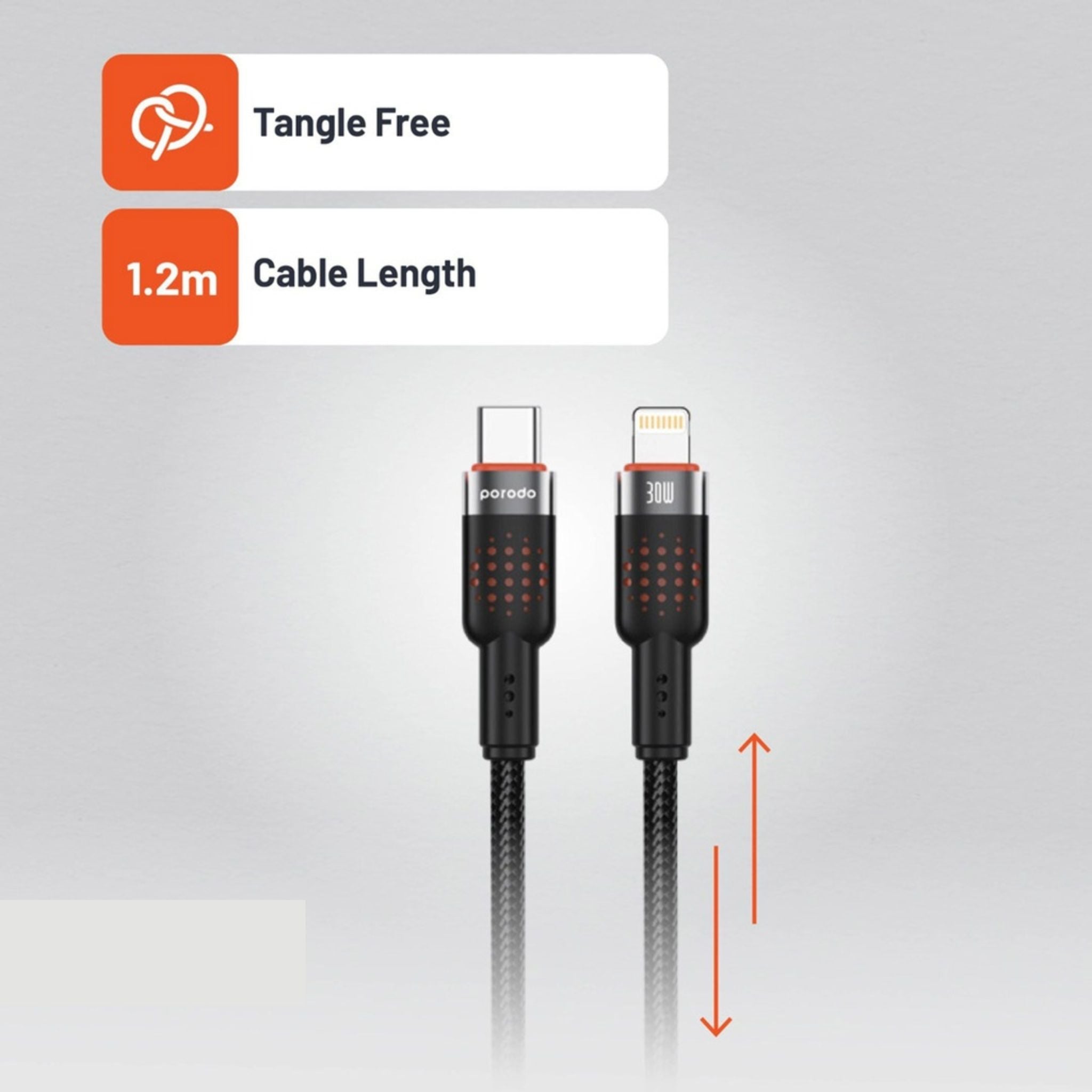 Porodo Braided Type-C to Lightning Cable with 30W Power Delivery, 1.2m Cable Length, 480Mbps Transfer Speed, More than 15,000 Bends Lifespan, Tangle-Free Design - Black