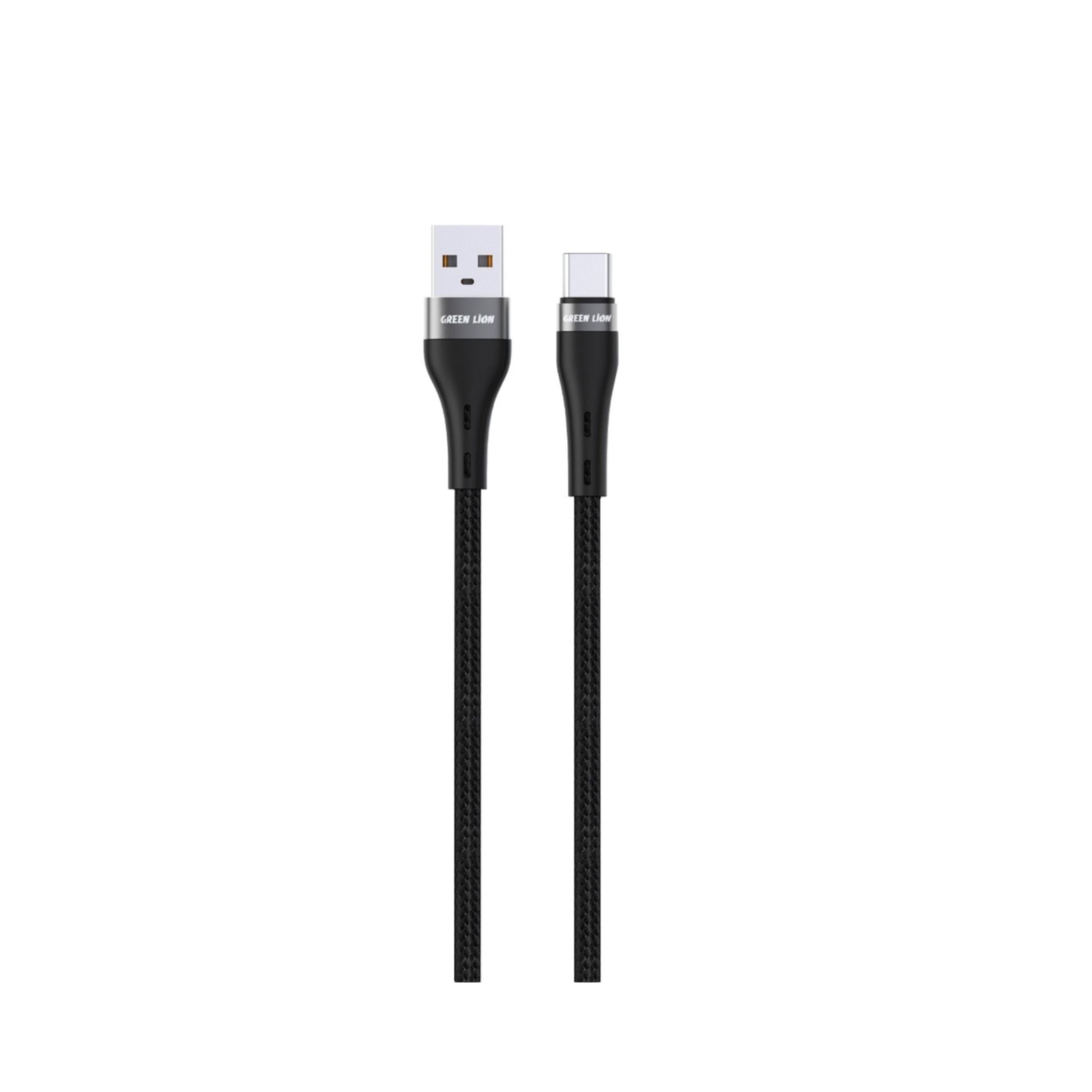 A black USB-A to USB-C braided cable with aluminum shell, showing the connectors and the braided texture.