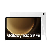 Samsung Galaxy Tab S9 FE tablet in silver color with a stylus pen included, displayed on a white background.