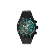 A black Porodo Cristallo AP Amoled Display Smart Watch with a turquoise dial and a zinc alloy band.