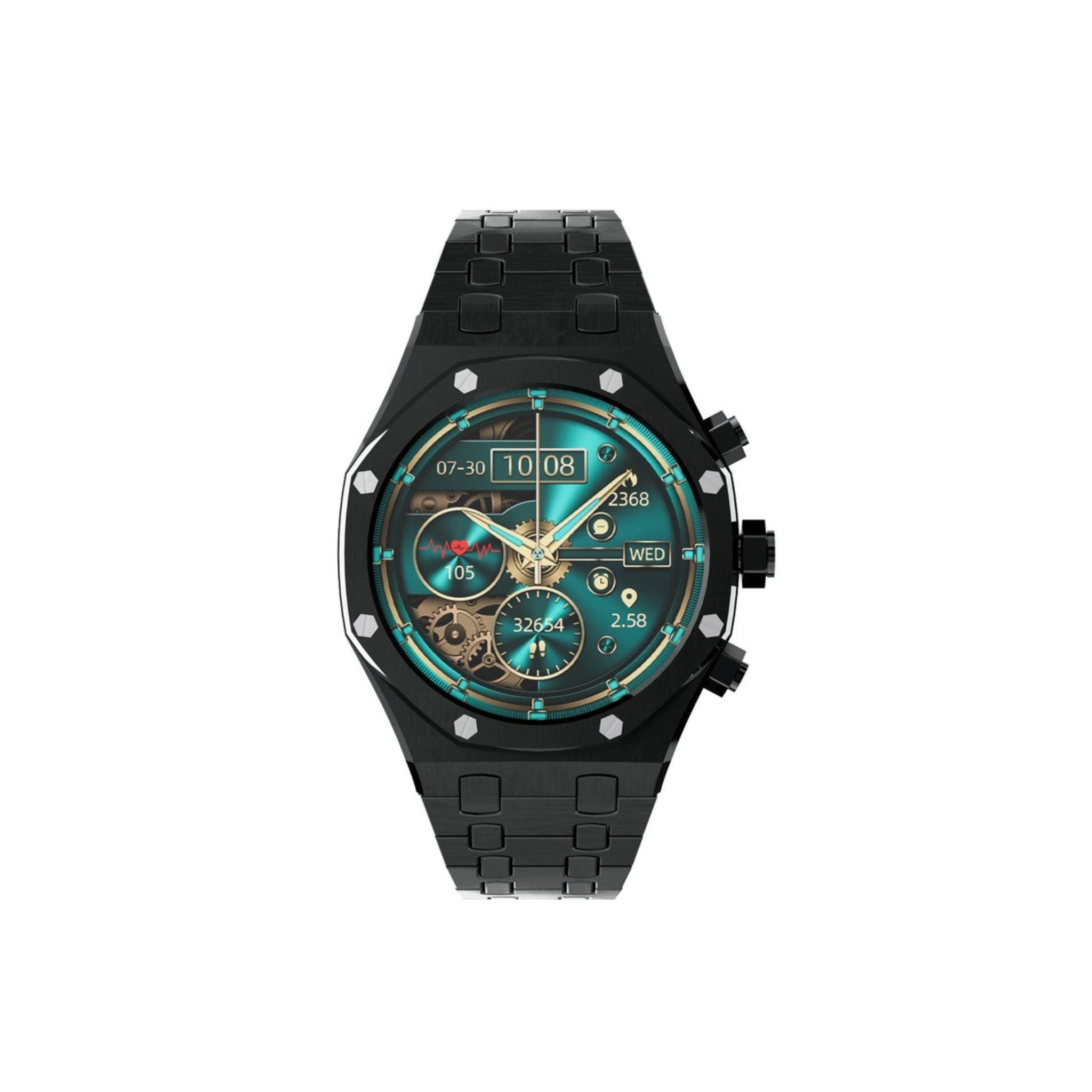 A black Porodo Cristallo AP Amoled Display Smart Watch with a turquoise dial and a zinc alloy band.