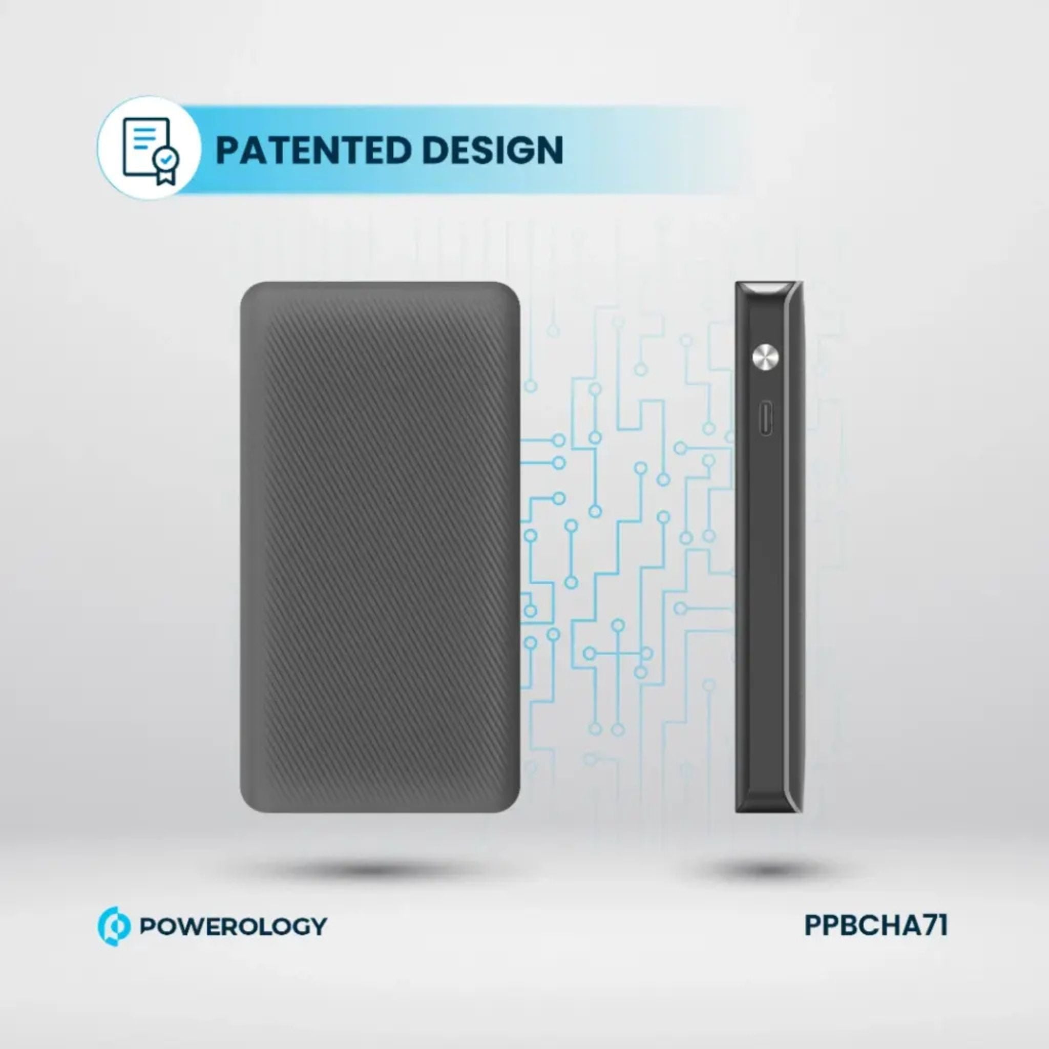 Powerology 10000mAh Power Bank with 70cm Retractable Type-C Cable, LED Display, Lightweight & Portable Design, Fast-Charging, USB-C Input & Output, 2-Device Charging, Patented Design, 22W Power Delivery - Black