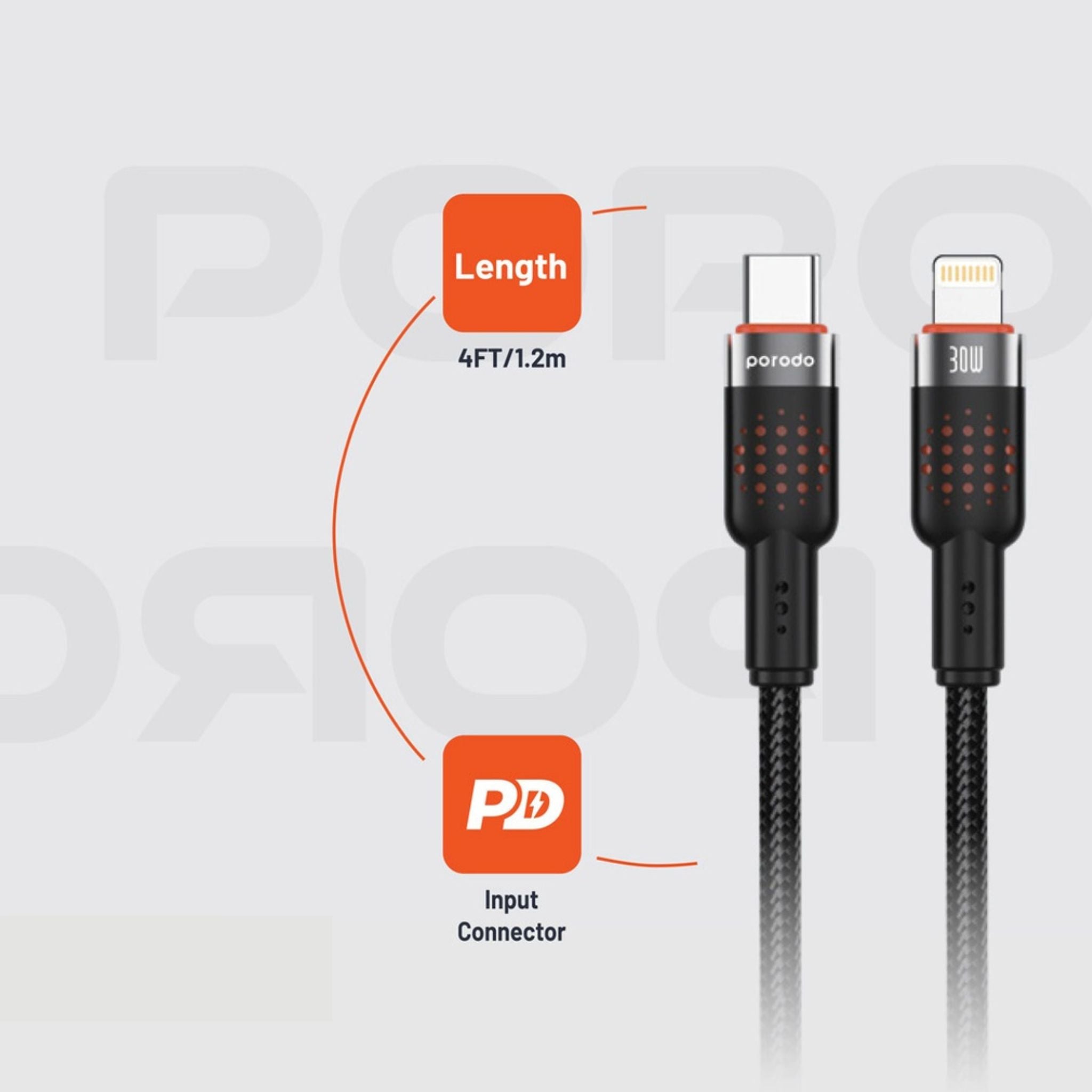 Porodo Braided Type-C to Lightning Cable with 30W Power Delivery, 1.2m Cable Length, 480Mbps Transfer Speed, More than 15,000 Bends Lifespan, Tangle-Free Design - Black
