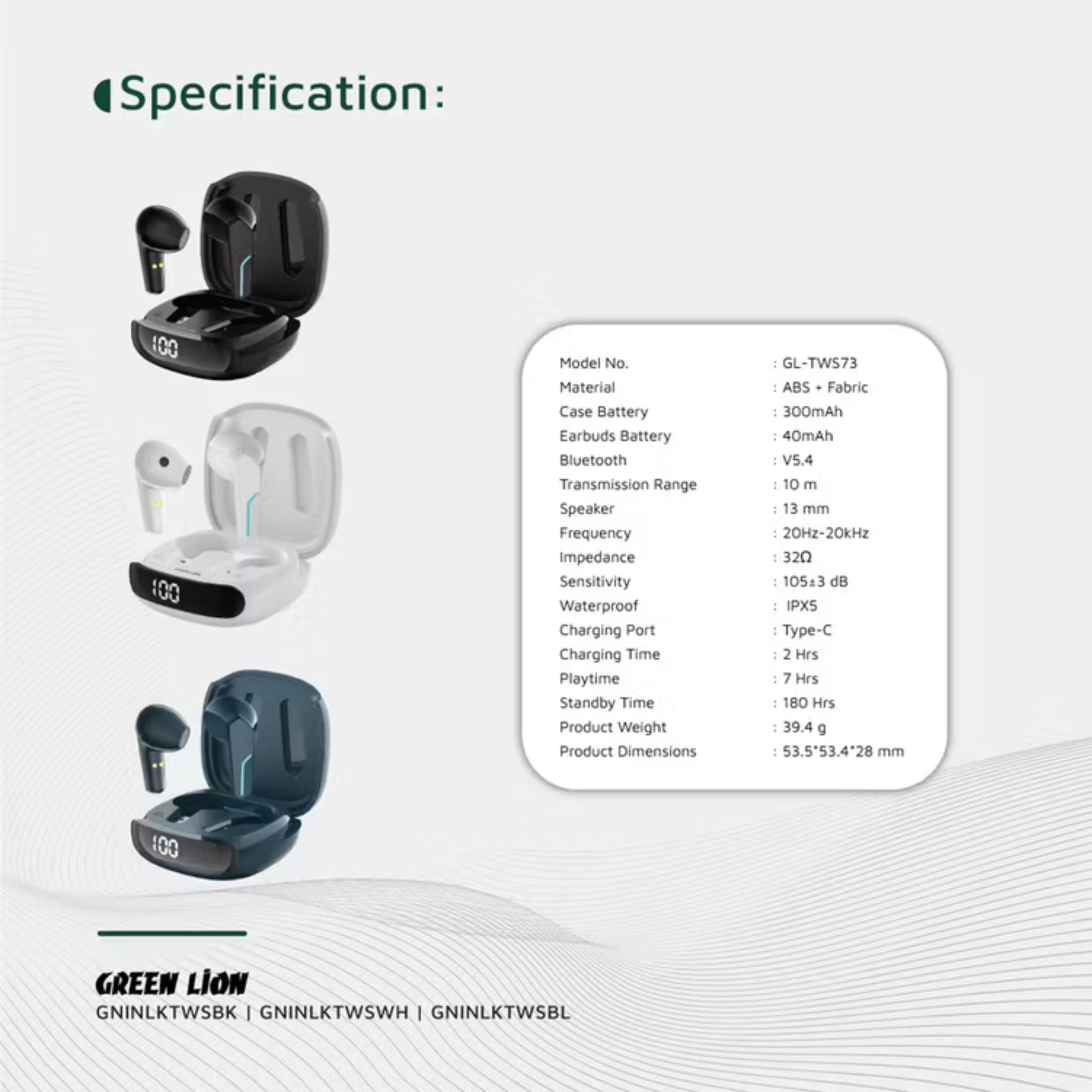 Green Lion Interlaken True Wireless Earbuds with Built-in Dual Microphones, 7 Hours Play Time, 13mm Speaker Size, 300mAh Case & 40mAh Earbuds Battery, 180 Hours Standby Time, Battery Display, Breathing Lights