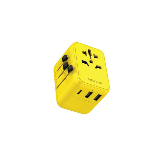 Green Lion 12W Universal Travel Adapter / UK/AU/EU/US Pin / Multi Ports / Travel Friendly / Super Compact / Short Circuit Protection / Overheat Protection / Innovative Design / Lightweight - Yellow