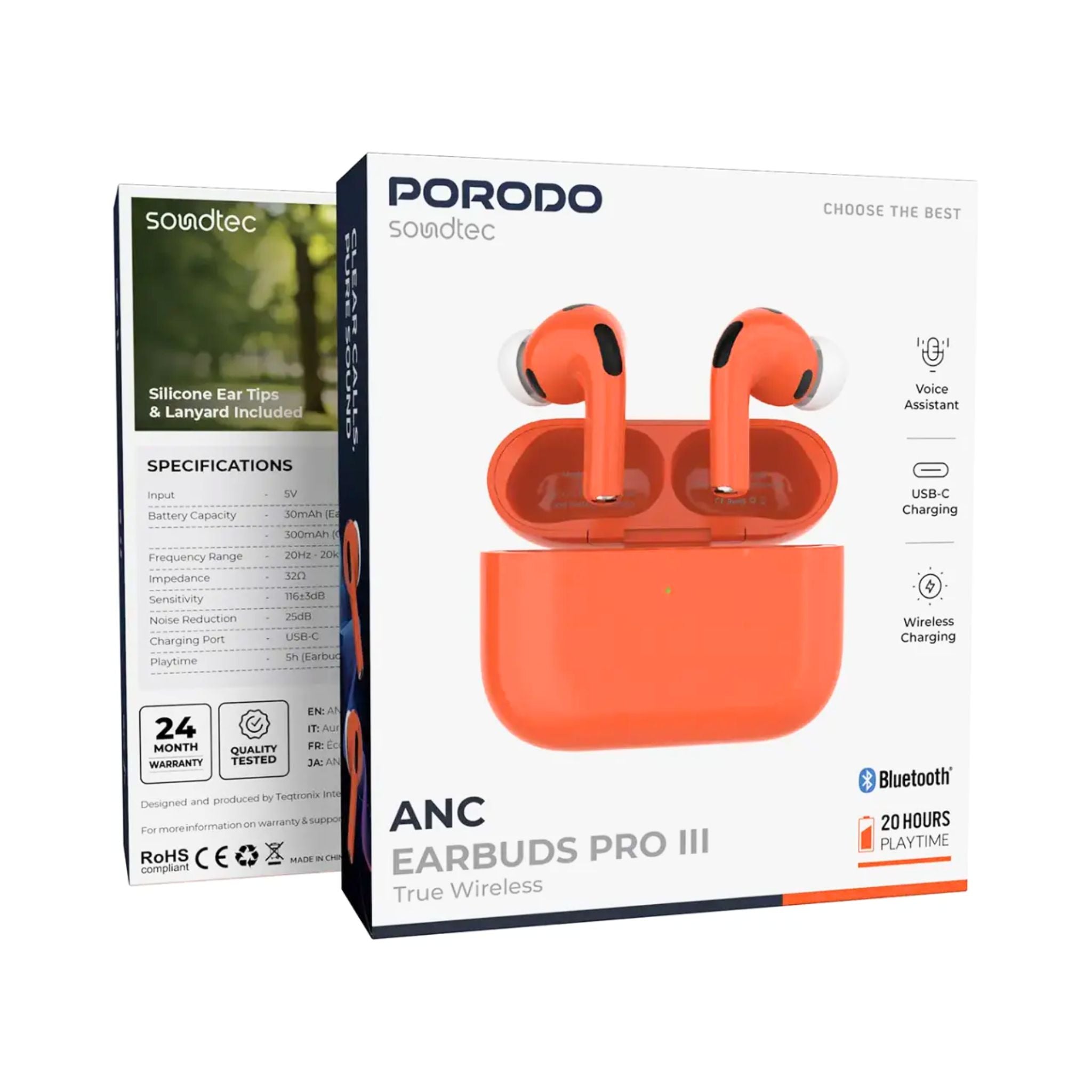 Porodo Soundtec ANC Earbuds Pro III True Wireless Bluetooth 5.4, Active Noise Cancellation 25dB, IPX4 Water Resistant, USB-C & Wireless Charging, 25m Range, 20H Total Playtime