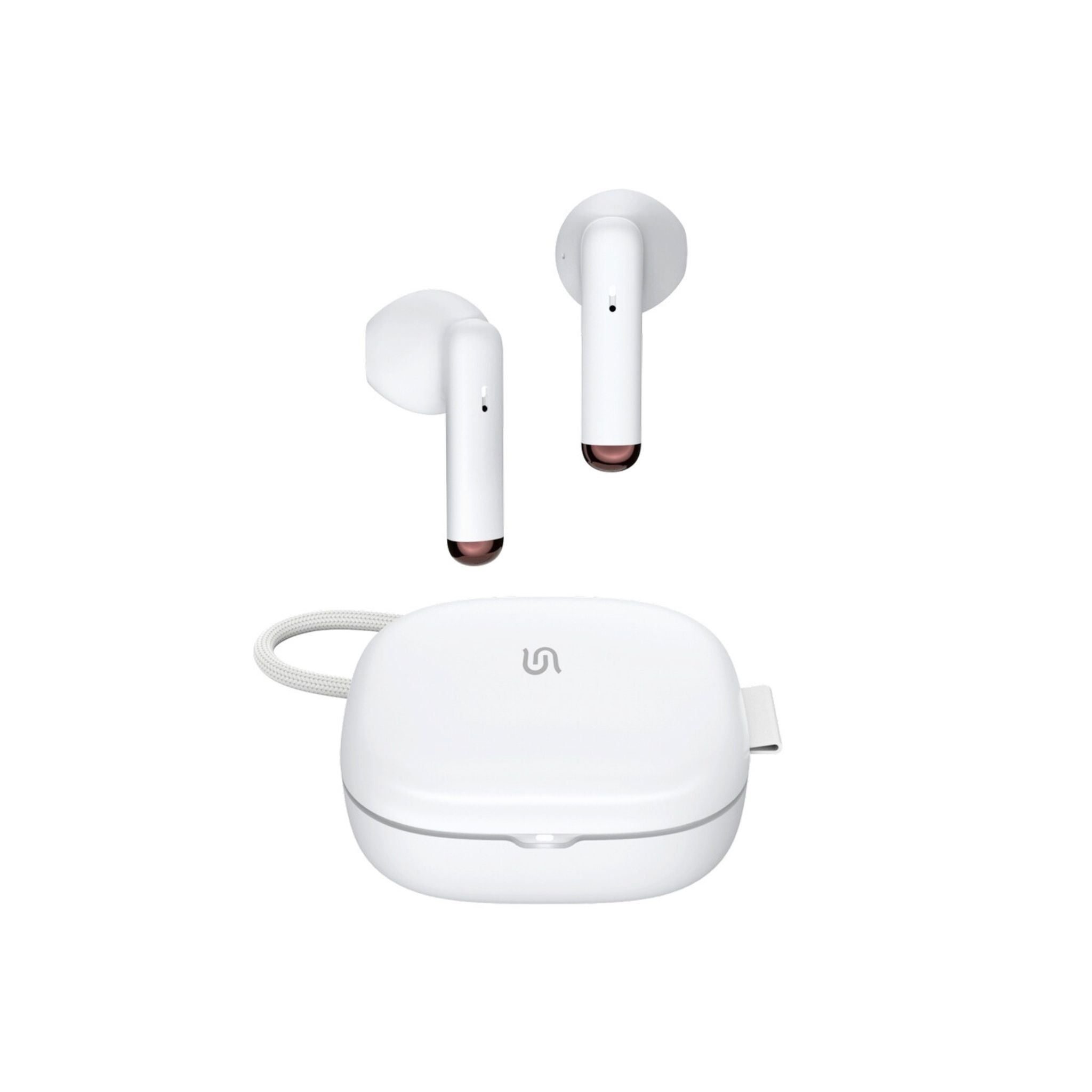 A pair of white Porodo Soundtec Super Mini TWS earbuds with a charging case, showing the earbuds' exterior and the charging case's USB Type-C port.
