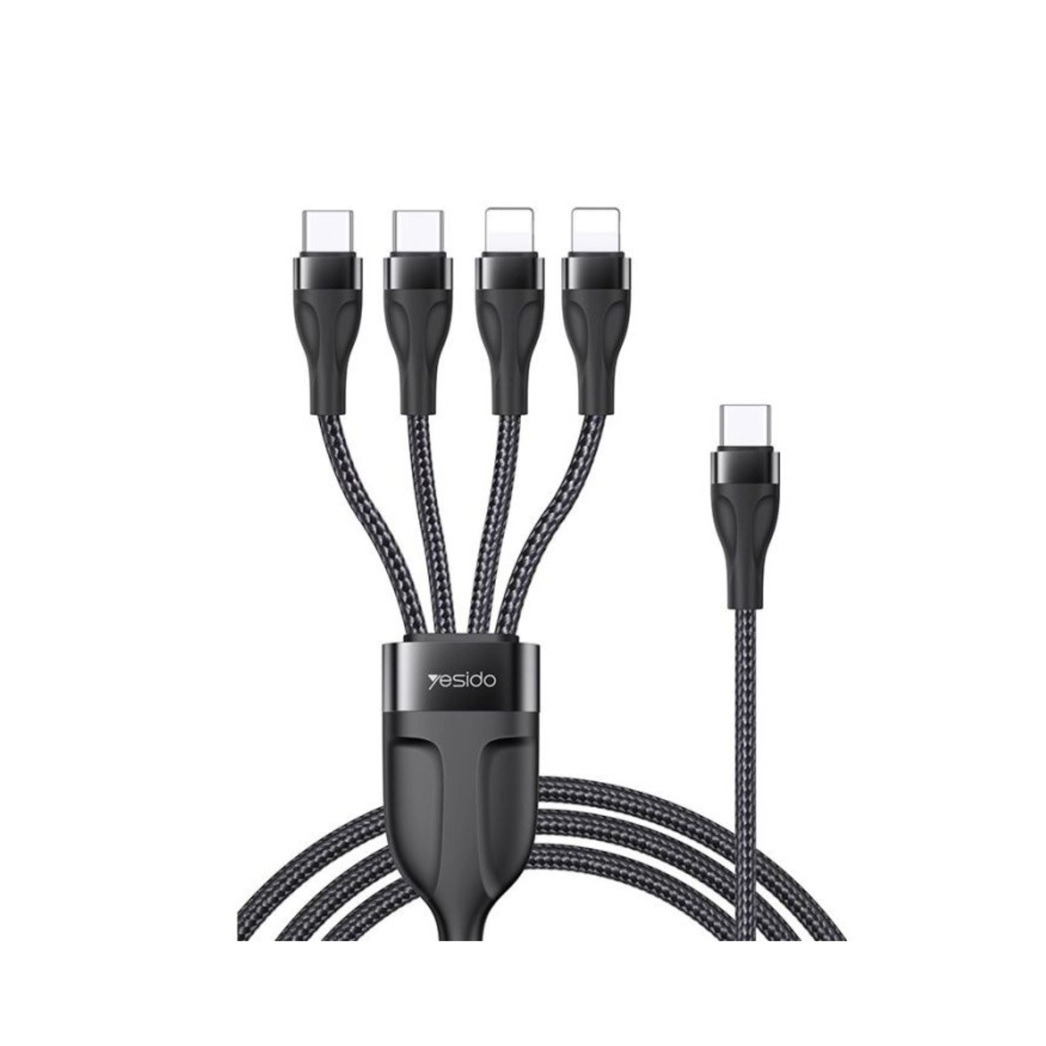 Multi-device charging cable with multiple connectors on a white background