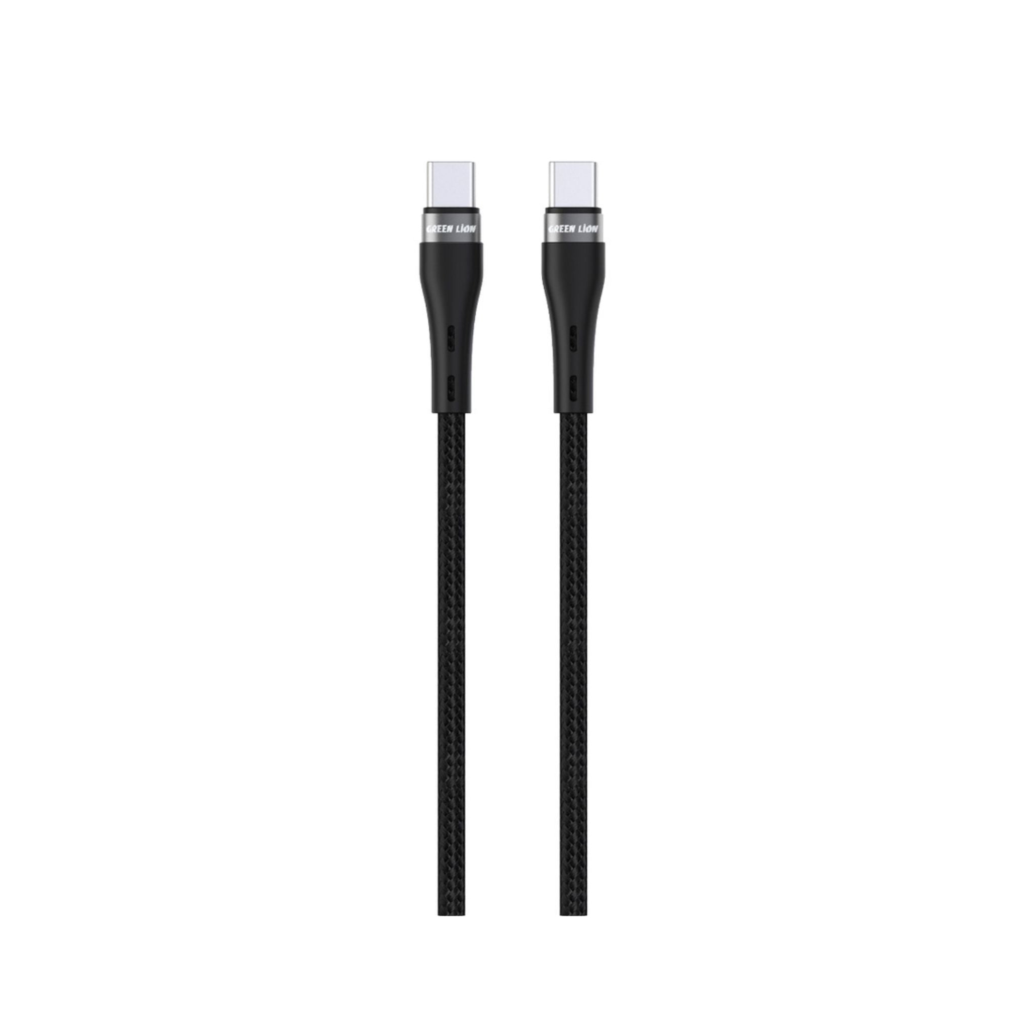 A black USB-C to USB-C braided cable with aluminum shell, displayed in a straight vertical orientation.