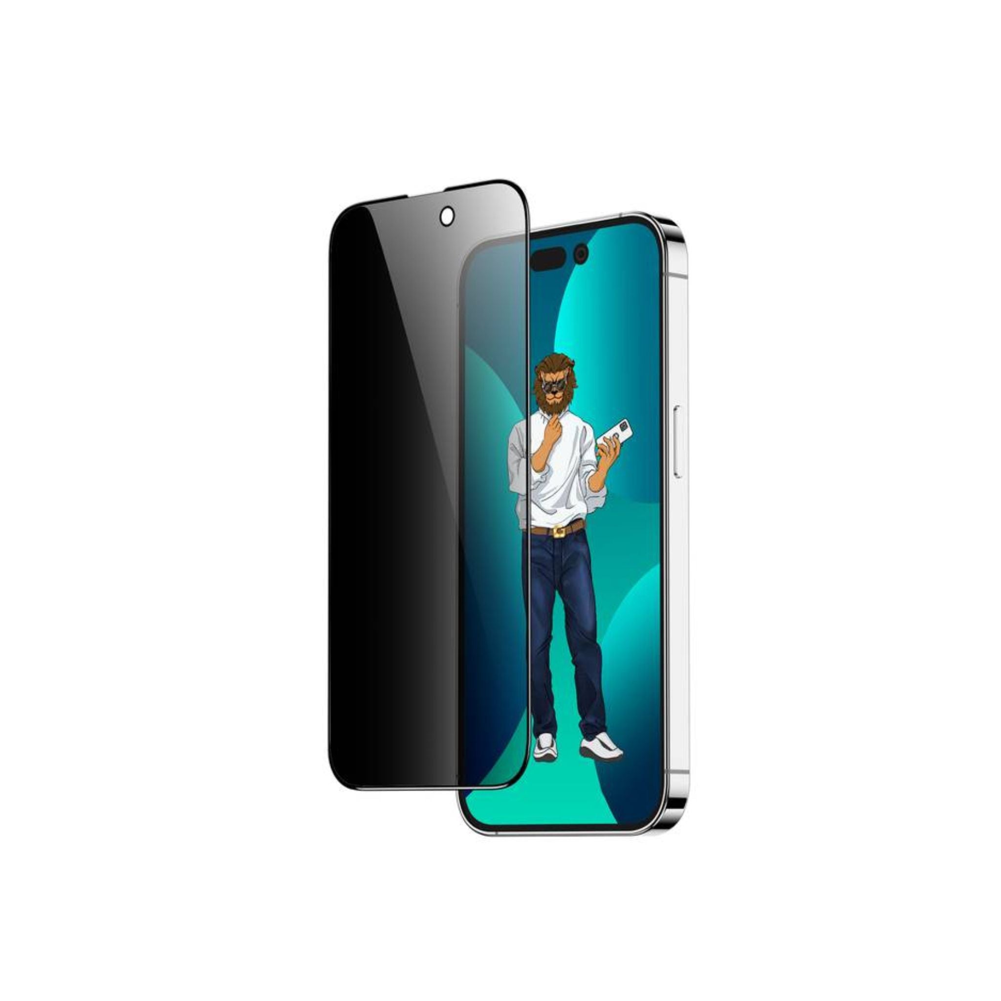 Privacy screen protector for iPhone, showing front and back views with a depiction of a character on the screen