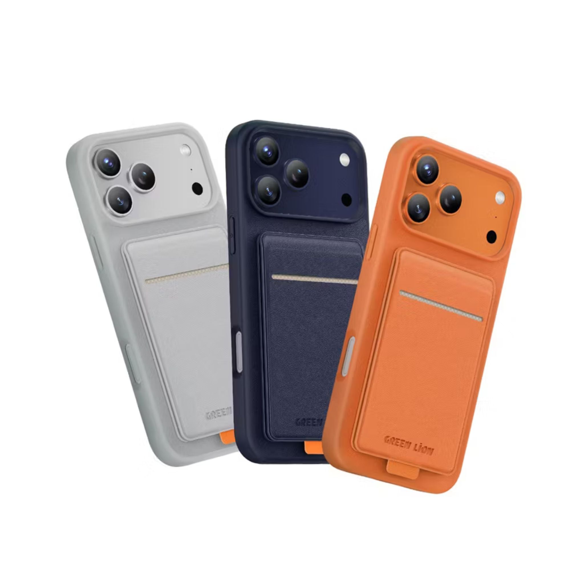 Green Lion Regal MagSafe Leather Case with Card Holder for iPhone 17 Pro, Anti-Fingerprint, Foldable Stand, Camera Protection, Comfortable Grip, Anti-Scratch, Shock Absorption - Silver