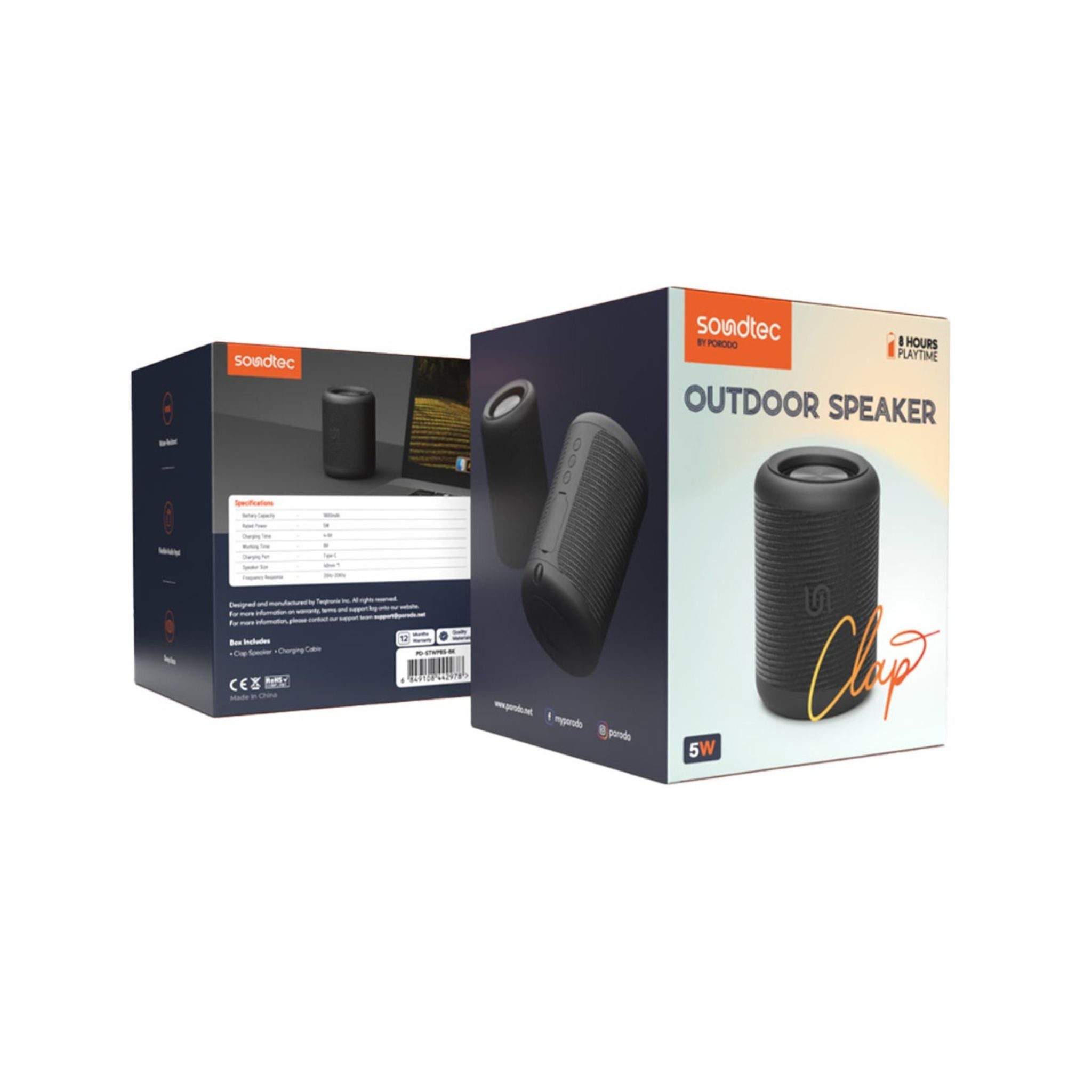Porodo Soundtec Outdoor Speaker with Flexible Audio Input & Deep Bass, Up to 8 Hours Working Time, 1800mAh Battery Capacity, 40mm Driver Size, Water-Proof, Portable Design - Black