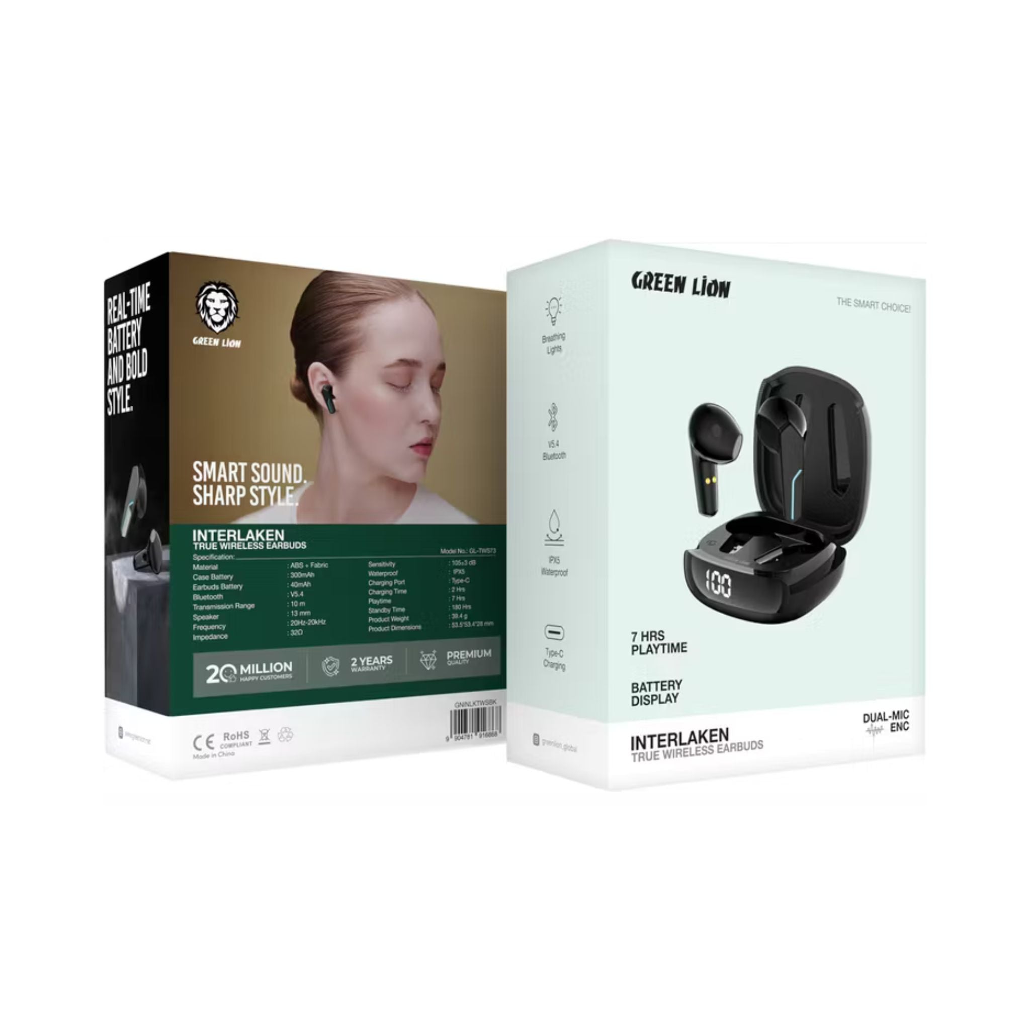 Green Lion Interlaken True Wireless Earbuds with Built-in Dual Microphones, 7 Hours Play Time, 13mm Speaker Size, 300mAh Case & 40mAh Earbuds Battery, 180 Hours Standby Time, Battery Display, Breathing Lights