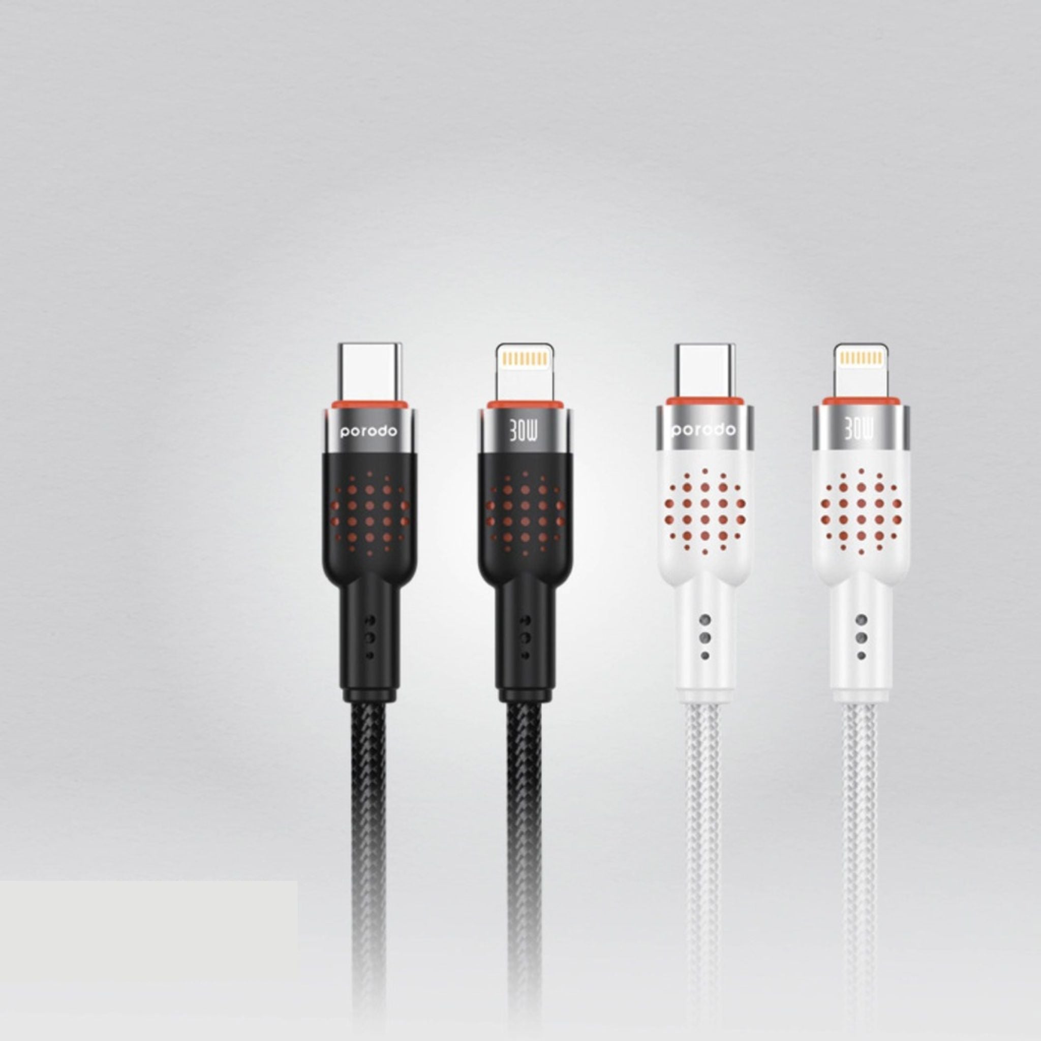 Porodo Braided Type-C to Lightning Cable with 30W Power Delivery, 1.2m Cable Length, 480Mbps Transfer Speed, More than 15,000 Bends Lifespan, Tangle-Free Design - Black
