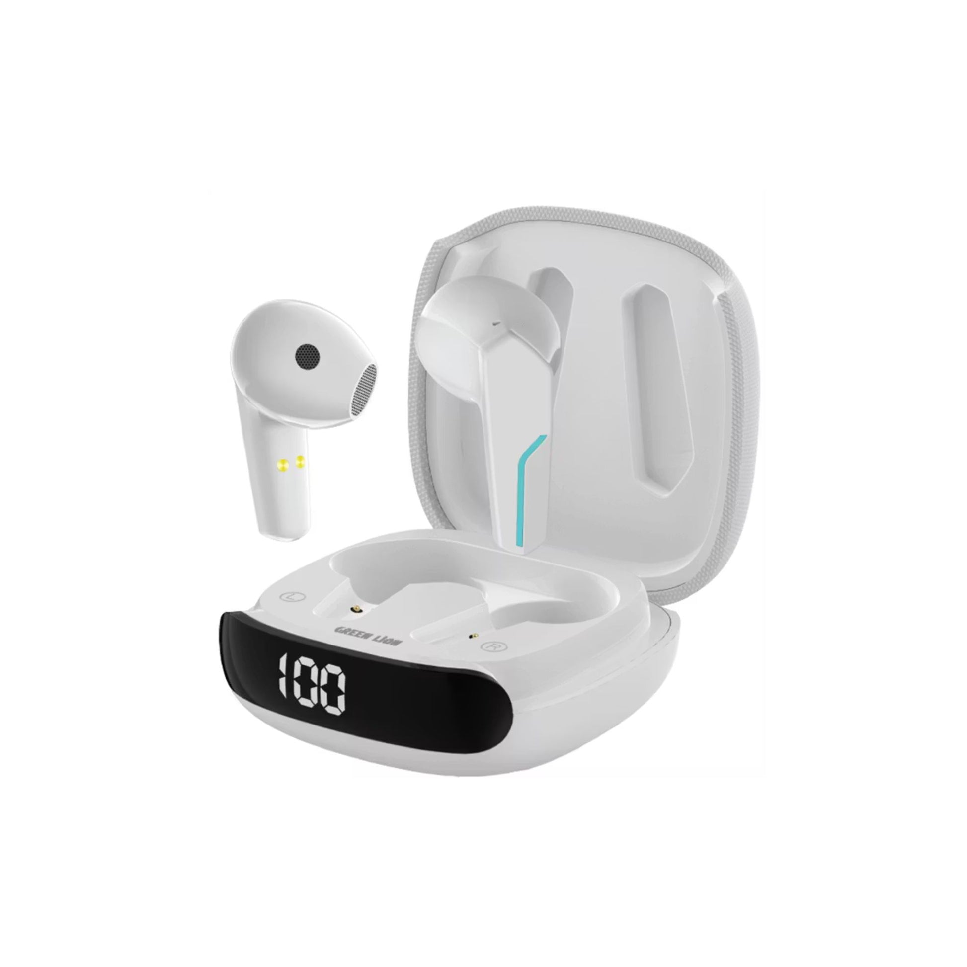 White wireless earbuds with charging case on a white background