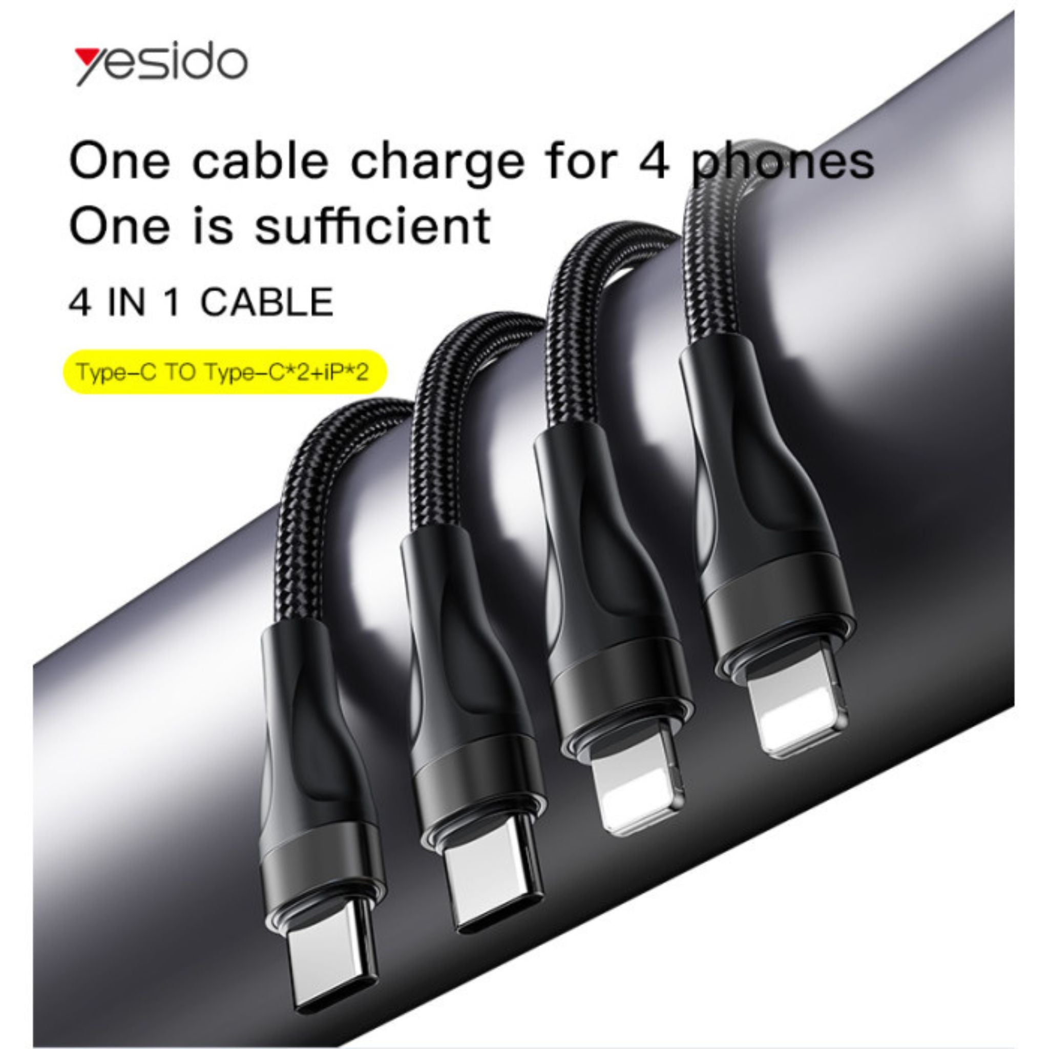 Yesido CA110 4 in 1 Charging Data Cable | Type-C to 2 TC + 2 IP Mobile Phone Charging Cable