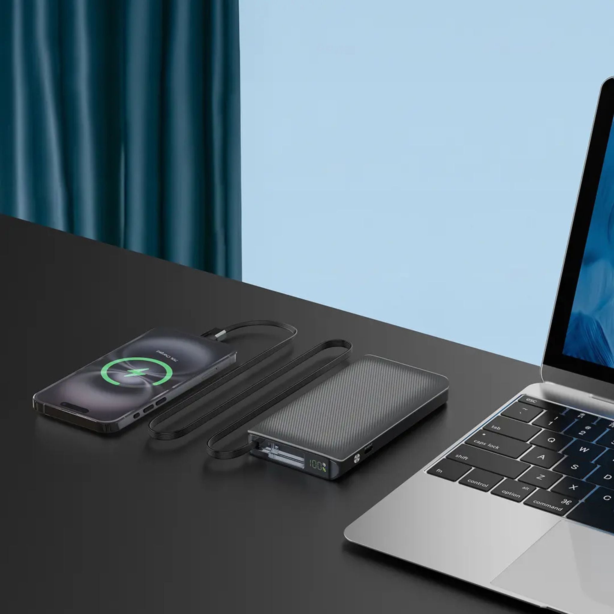 Powerology 10000mAh Power Bank with 70cm Retractable Type-C Cable, LED Display, Lightweight & Portable Design, Fast-Charging, USB-C Input & Output, 2-Device Charging, Patented Design, 22W Power Delivery - Black