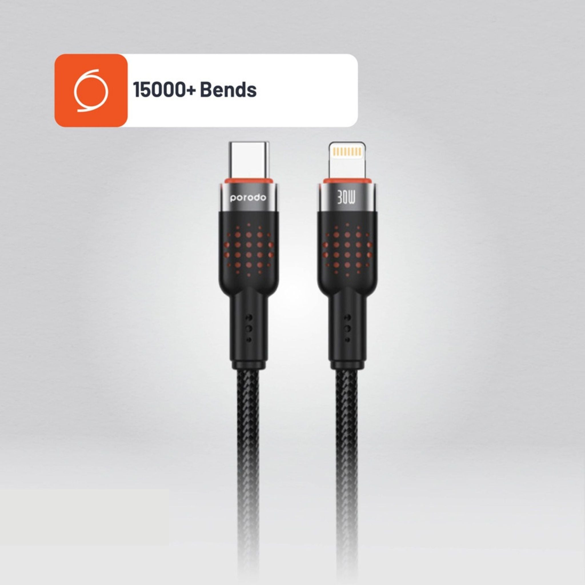 Porodo Braided Type-C to Lightning Cable with 30W Power Delivery, 1.2m Cable Length, 480Mbps Transfer Speed, More than 15,000 Bends Lifespan, Tangle-Free Design - Black