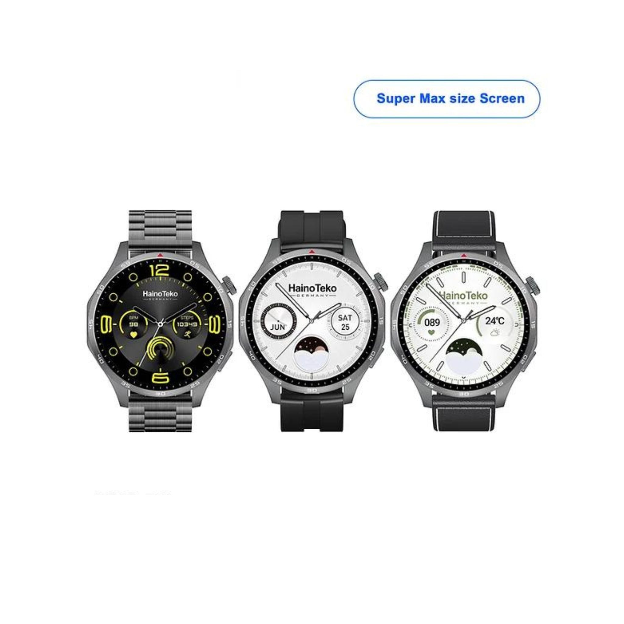 Haino Teko RW-54 Super Max Size (HD,IPS Amolded Display) with 3 Pairs Strap (Silicone+Leather+Stainless Steel) and Wireless Charger For Gents and Boys Black_Black