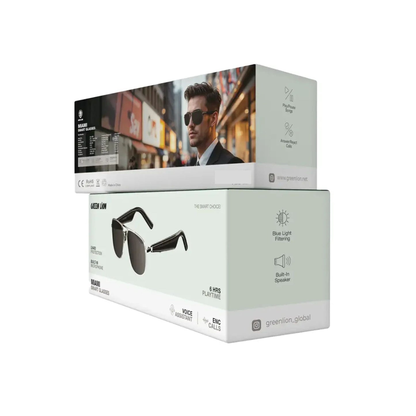 GREEN LION Miami Smart Glasses with Built-in Microphone and Speaker / UV400 Protection / ENC / Easy Snapshot / Voice Assistant/ High Quality Smart Glass / Answer/Reject Calls / Play/Pause Songs - Black