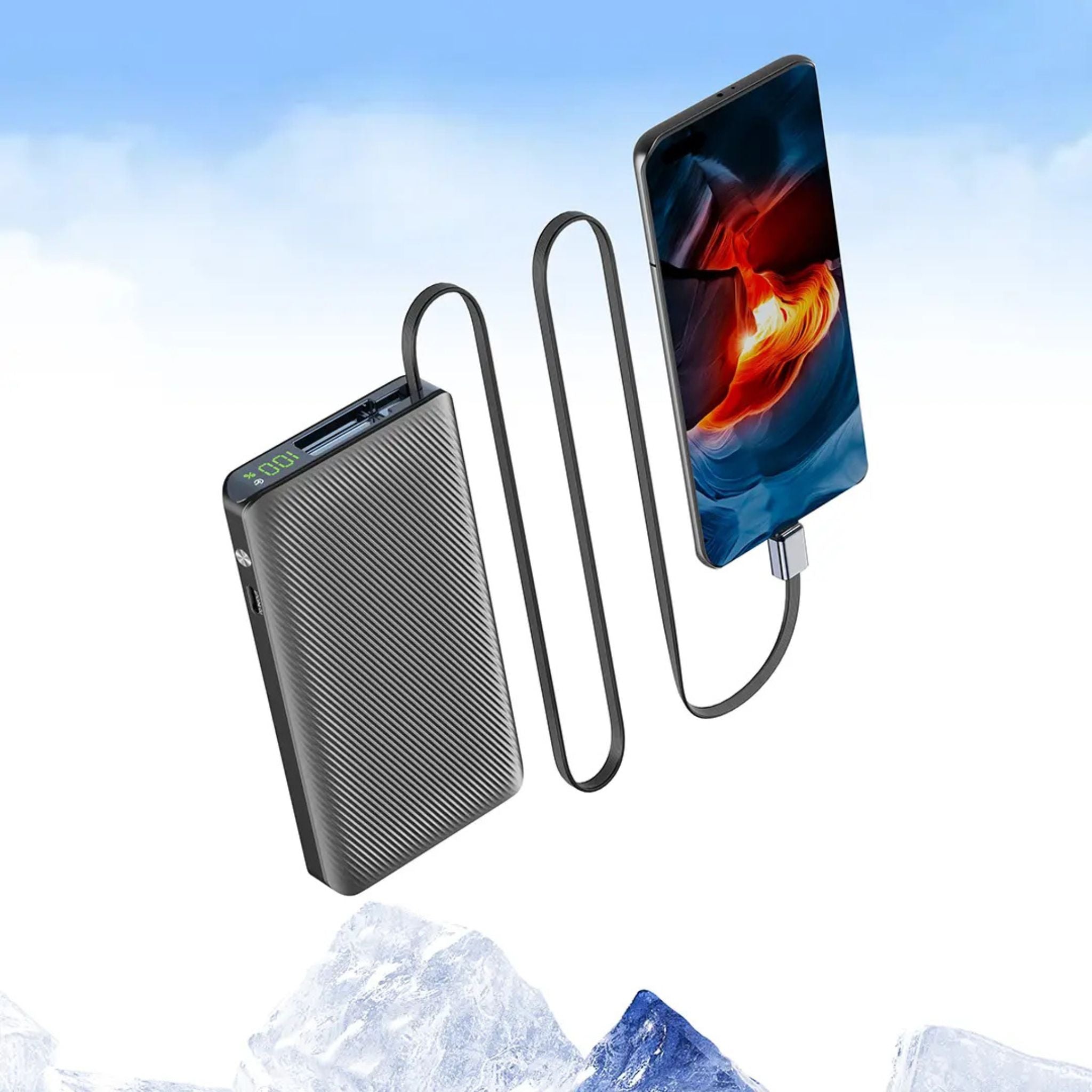 Powerology 10000mAh Power Bank with 70cm Retractable Type-C Cable, LED Display, Lightweight & Portable Design, Fast-Charging, USB-C Input & Output, 2-Device Charging, Patented Design, 22W Power Delivery - Black