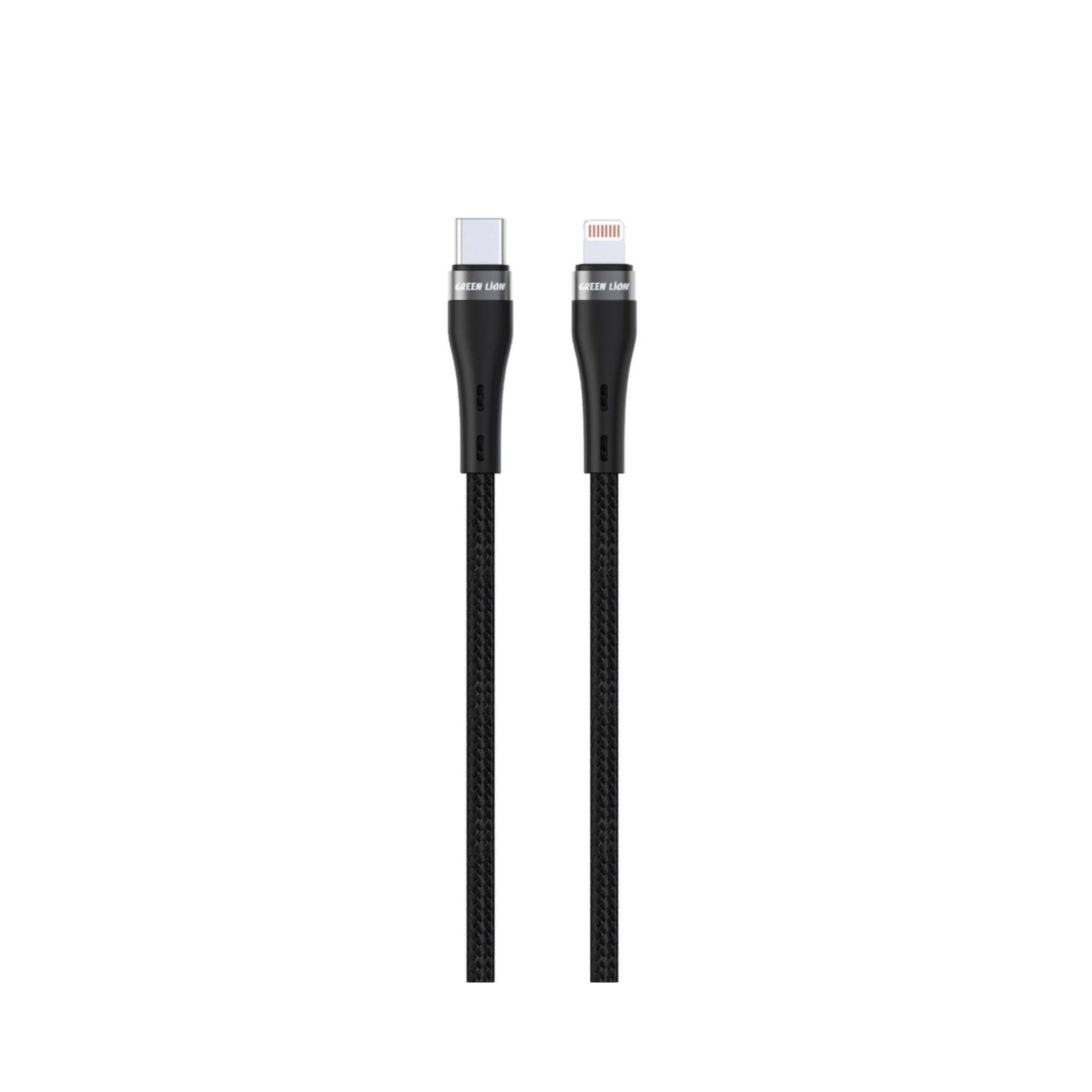 A black USB-C to Lightning braided cable with a right-angled connector on each end, displayed against a white background.