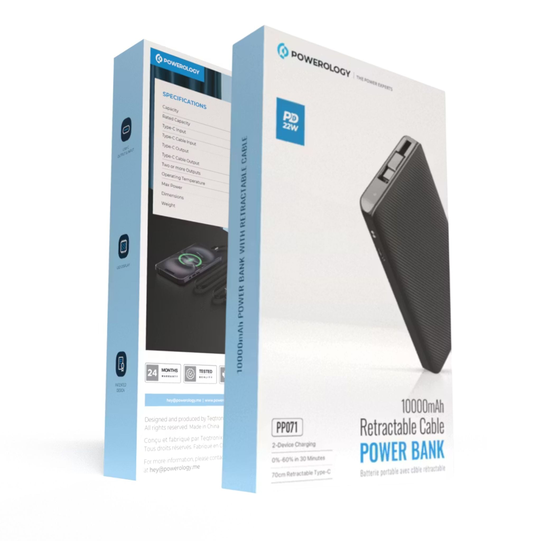 Powerology 10000mAh Power Bank with 70cm Retractable Type-C Cable, LED Display, Lightweight & Portable Design, Fast-Charging, USB-C Input & Output, 2-Device Charging, Patented Design, 22W Power Delivery - Black