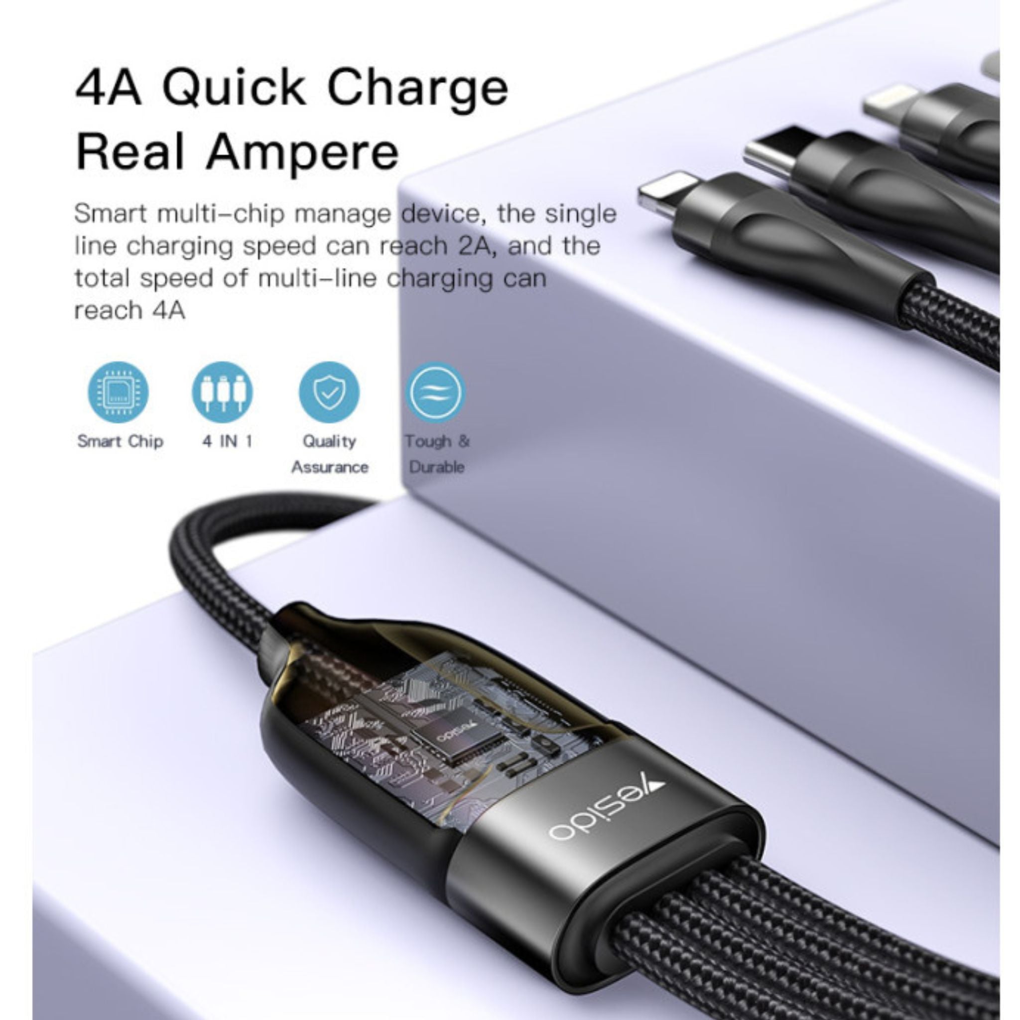 Yesido CA110 4 in 1 Charging Data Cable | Type-C to 2 TC + 2 IP Mobile Phone Charging Cable