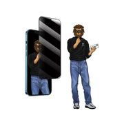 Illustration of a screen protector with a privacy feature, shown in a cut-out style with a character demonstrating its use.