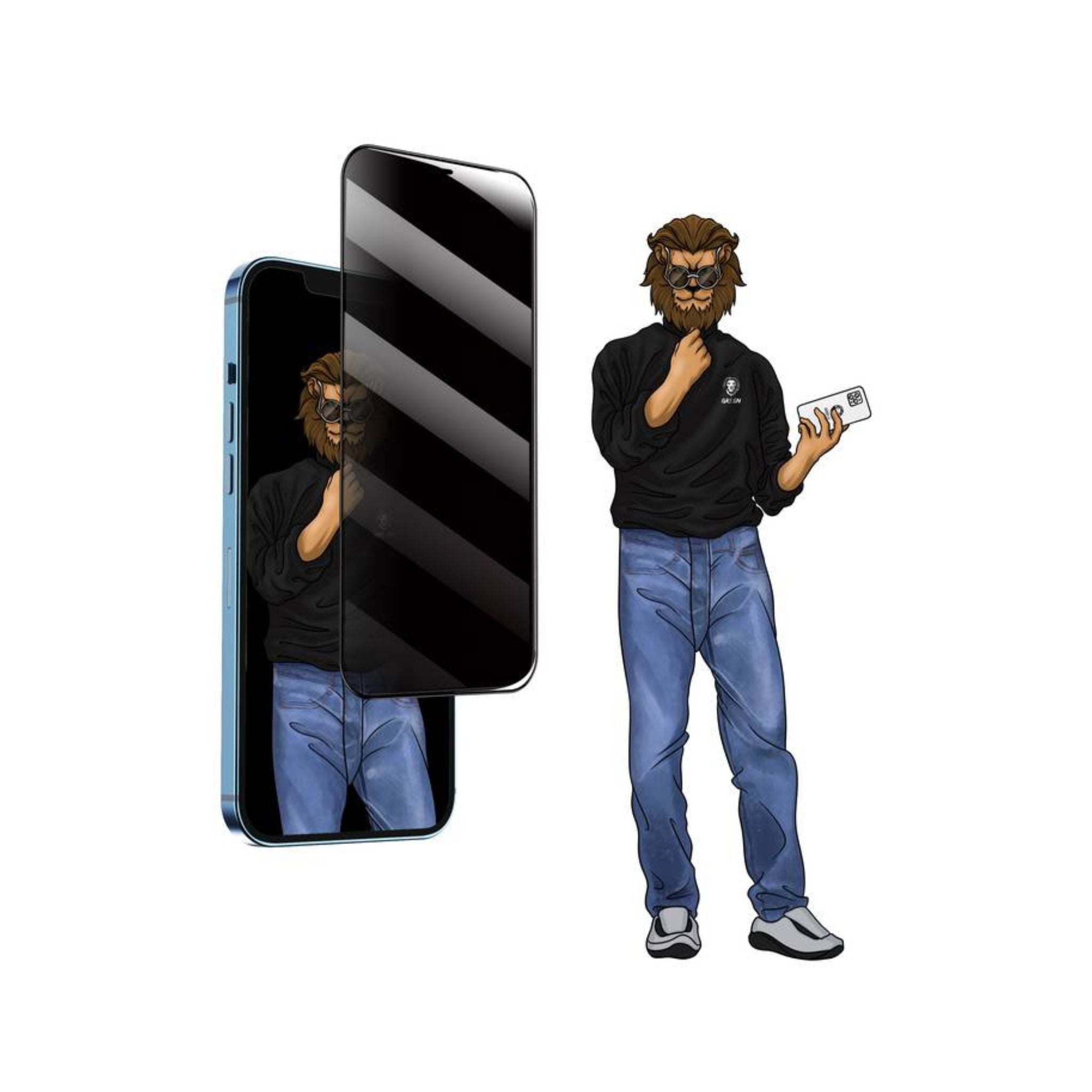 Illustration of a screen protector with a privacy feature, shown in a cut-out style with a character demonstrating its use.