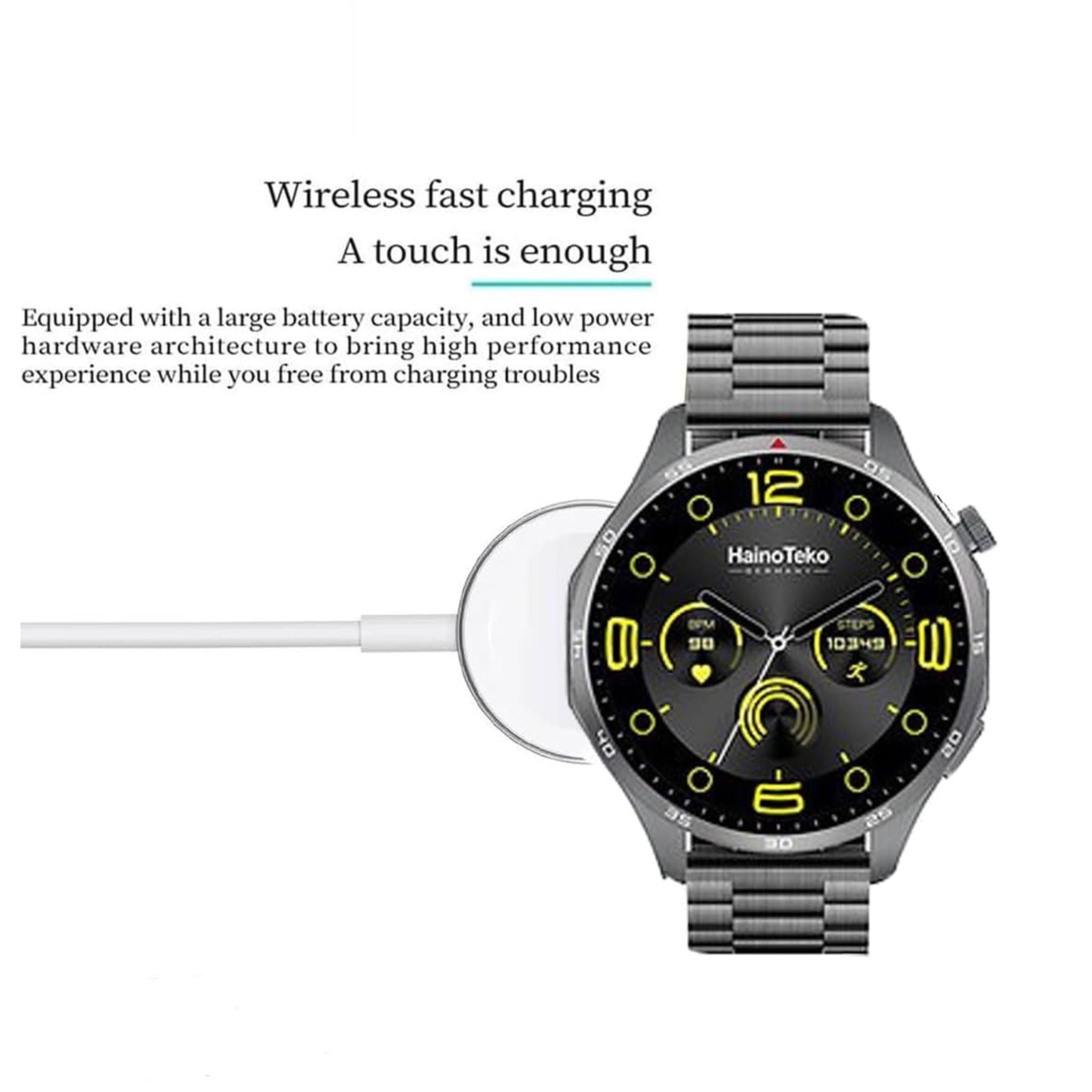 Haino Teko RW-54 Super Max Size (HD,IPS Amolded Display) with 3 Pairs Strap (Silicone+Leather+Stainless Steel) and Wireless Charger For Gents and Boys Black_Black