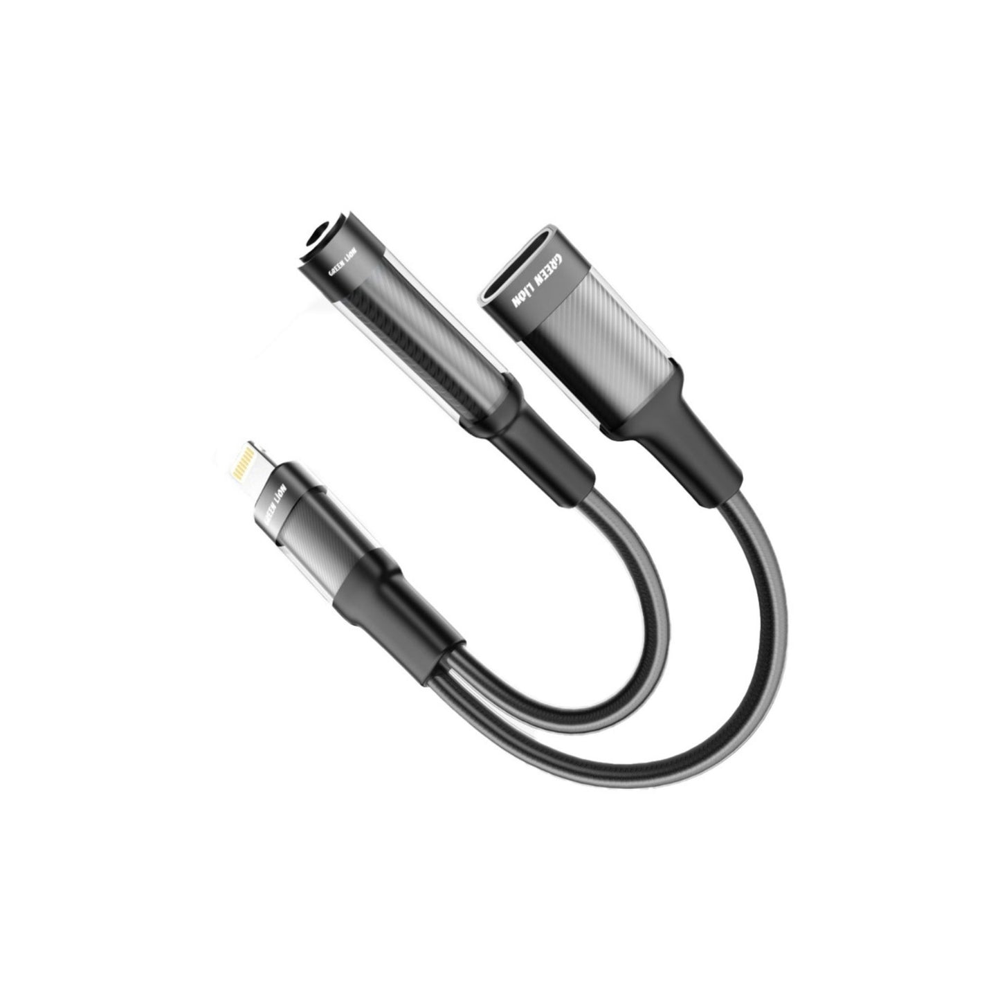 Green Lion 2 in 1 Earphone & Charging Adapter Lightning to Lightning + 3.5 (Audio) 12CM - Black