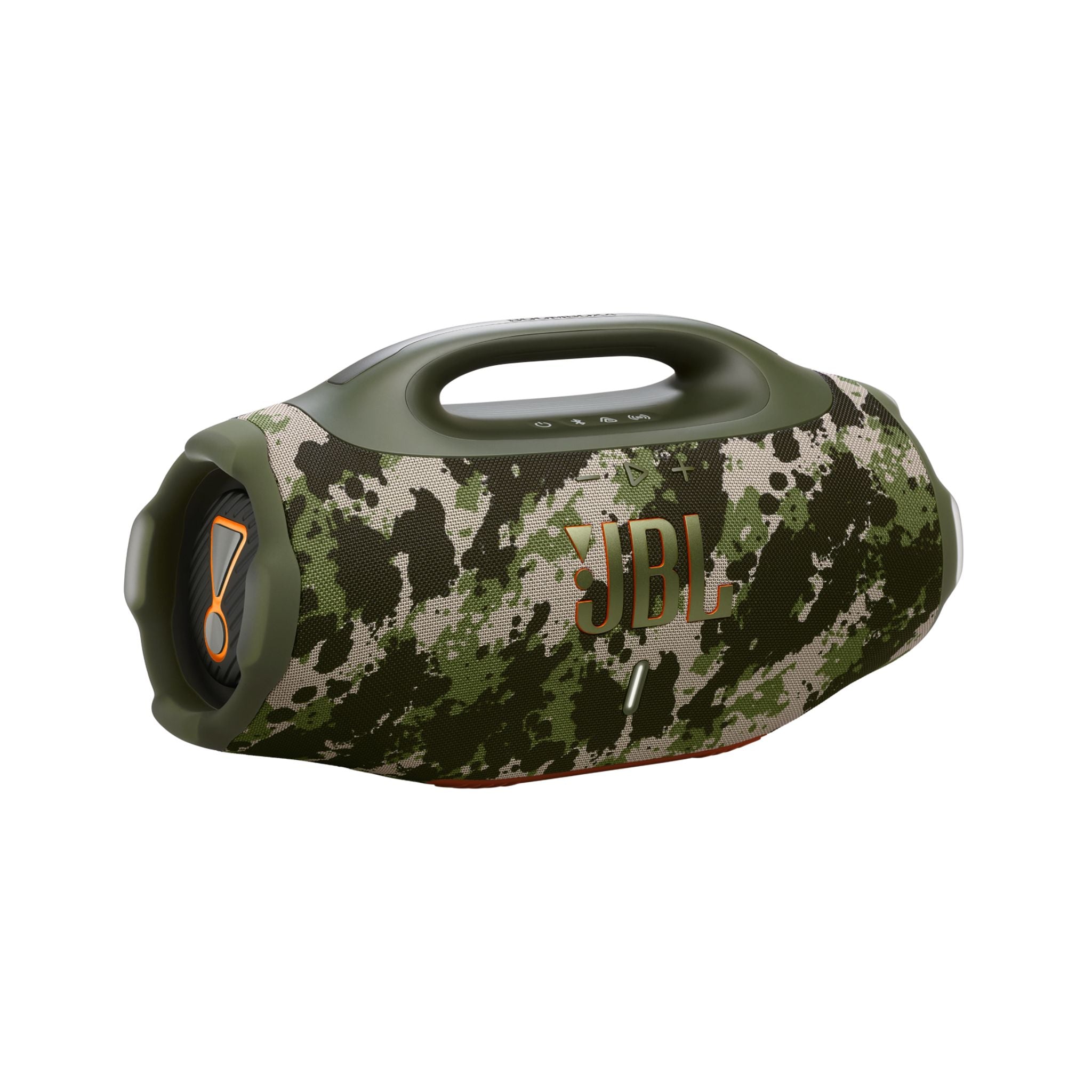 Camouflage-patterned JBL speaker on a white background