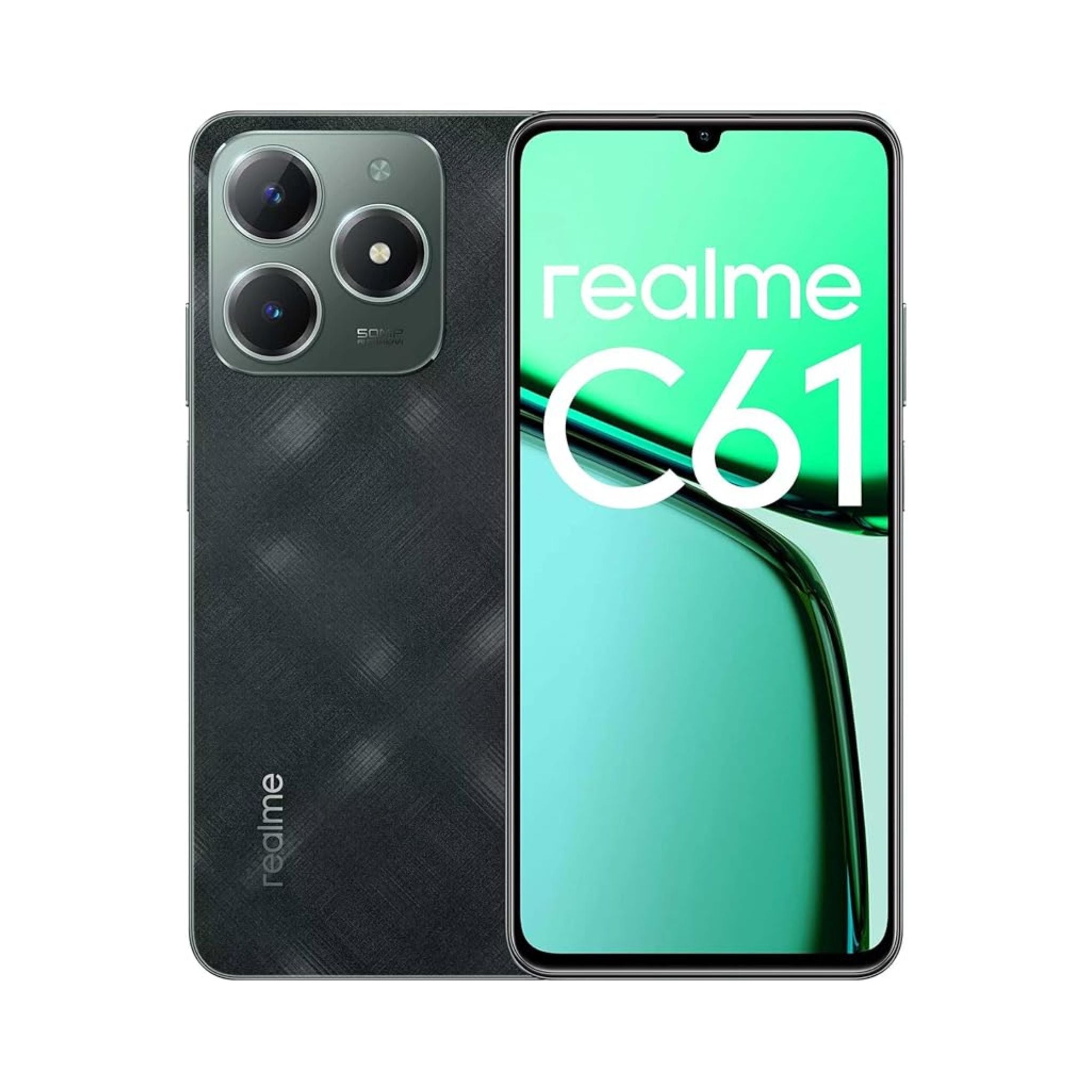 Realme C61 smartphone showing back and front views on a white background