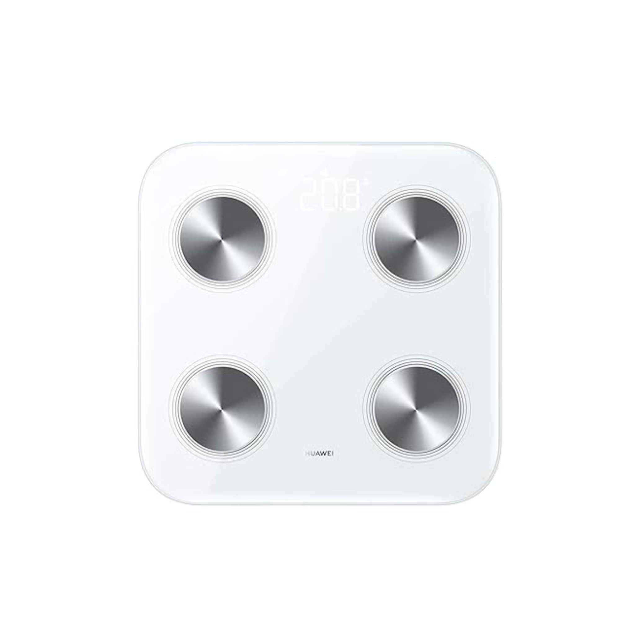 White electronic device with four silver circular components on a white background