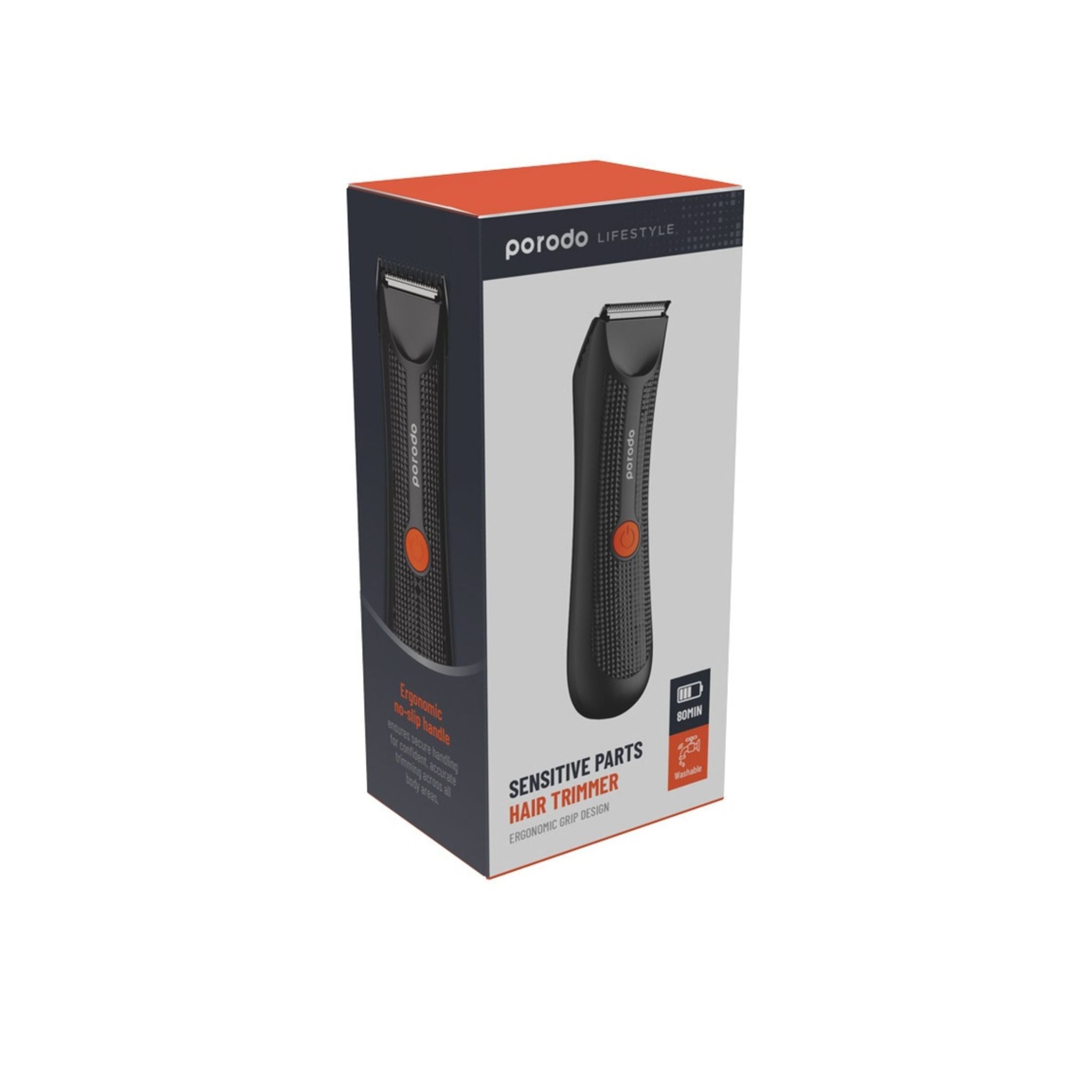 Porodo Lifestyle Sensitive Parts Hair Trimmer, 3.7V 600mAh Battery Capacity, 80 Minutes Working Time, 90 Minutes Charging Time, Ergonomic no-Slip Handle, IPX5 Water-Resistant - Black