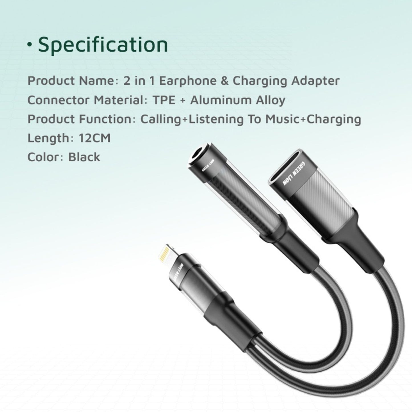 Green Lion 2 in 1 Earphone & Charging Adapter Lightning to Lightning + 3.5 (Audio) 12CM - Black