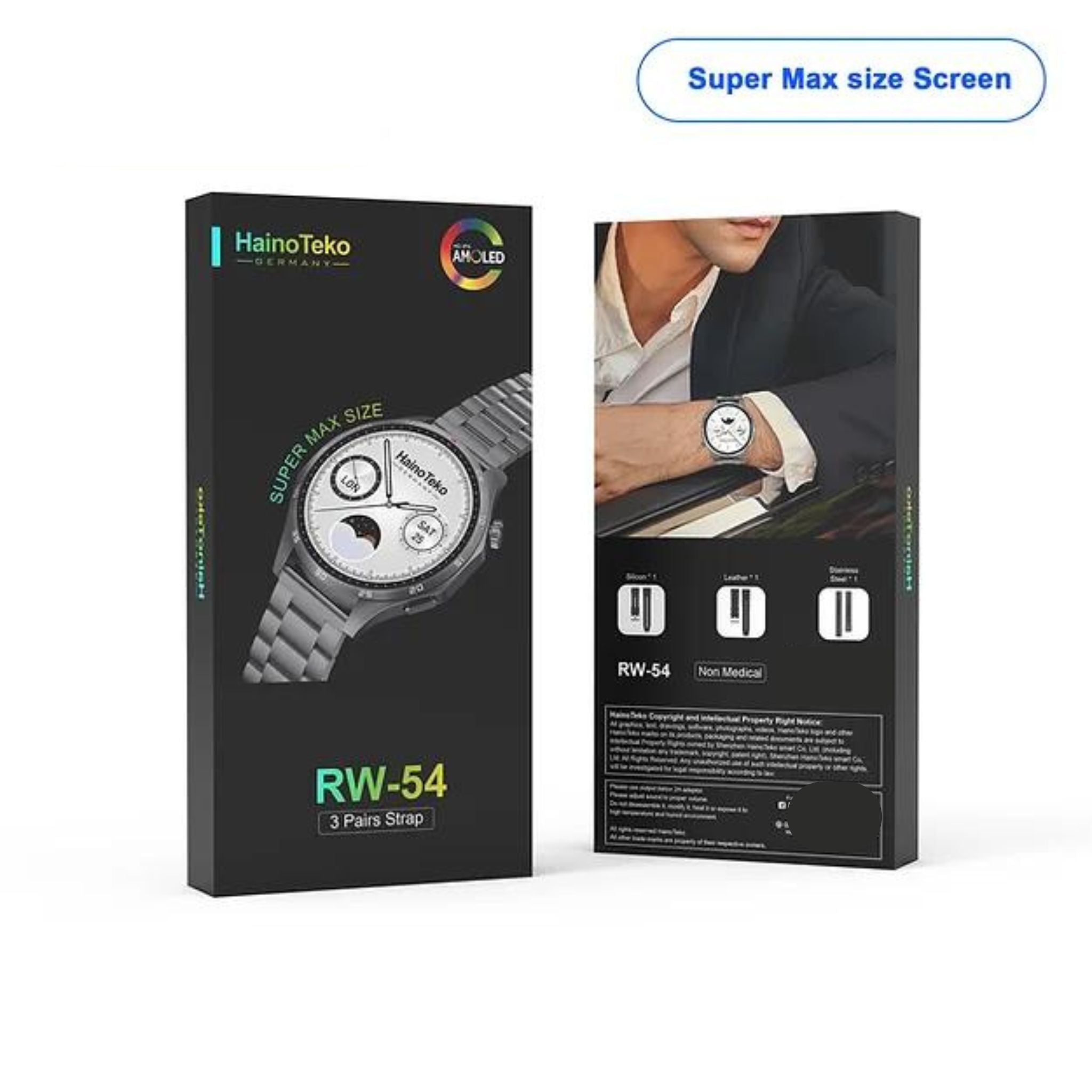 Haino Teko RW-54 Super Max Size (HD,IPS Amolded Display) with 3 Pairs Strap (Silicone+Leather+Stainless Steel) and Wireless Charger For Gents and Boys Black_Black