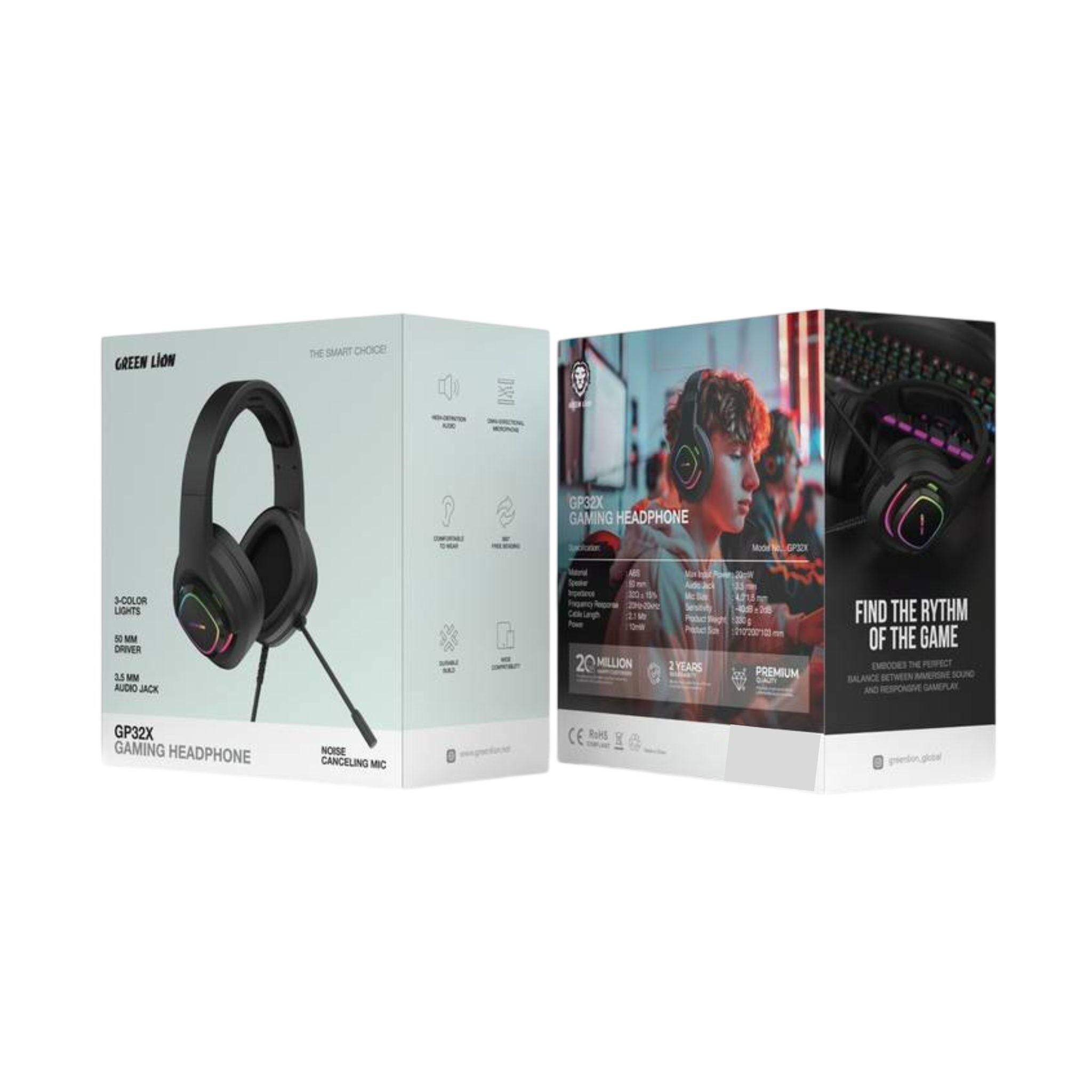 Green Lion GP32X Gaming Headphone with Noise Canceling Microphone, Hight Definition Audio, 3 Color Lights, 3.5mm Audio Jack, 360° Free Bending, Comfortable to Wear - Black