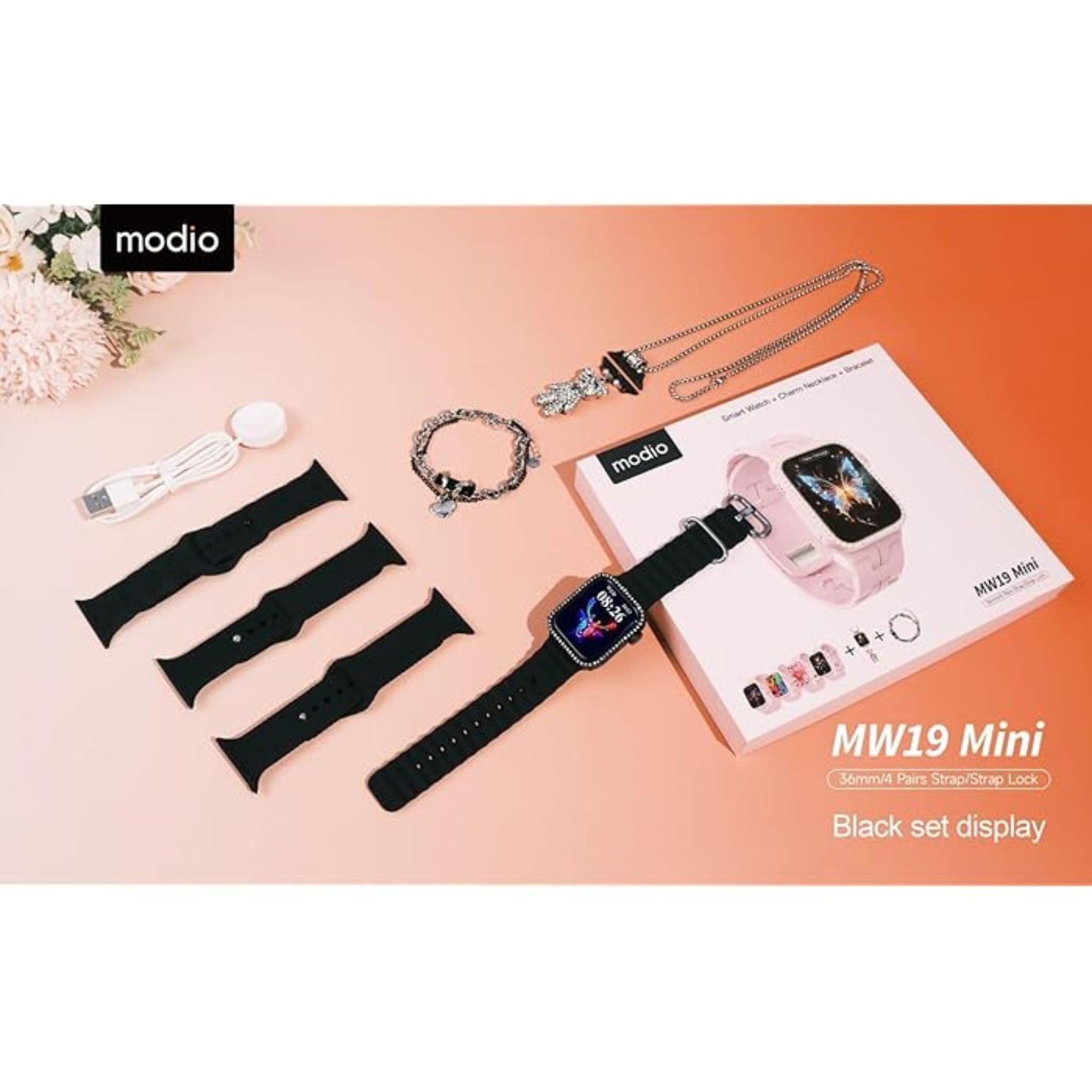 MODIO MW19 Mini Smart Watch With 36mm Display 4 Pair Straps Necklace and Bracelate Designed For Womens